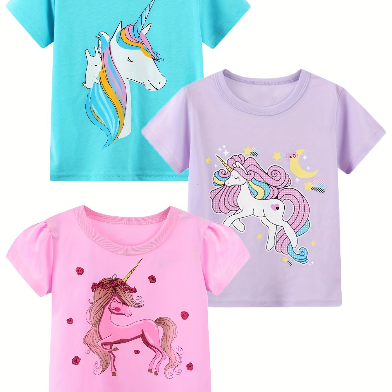 3 Combination Girls Short Sleeve T-shirt Pure Breathable Comfortable Casual Round Neck Sleeve Cartoon Unicorn Decal Random Printed T-shirt Summer Top