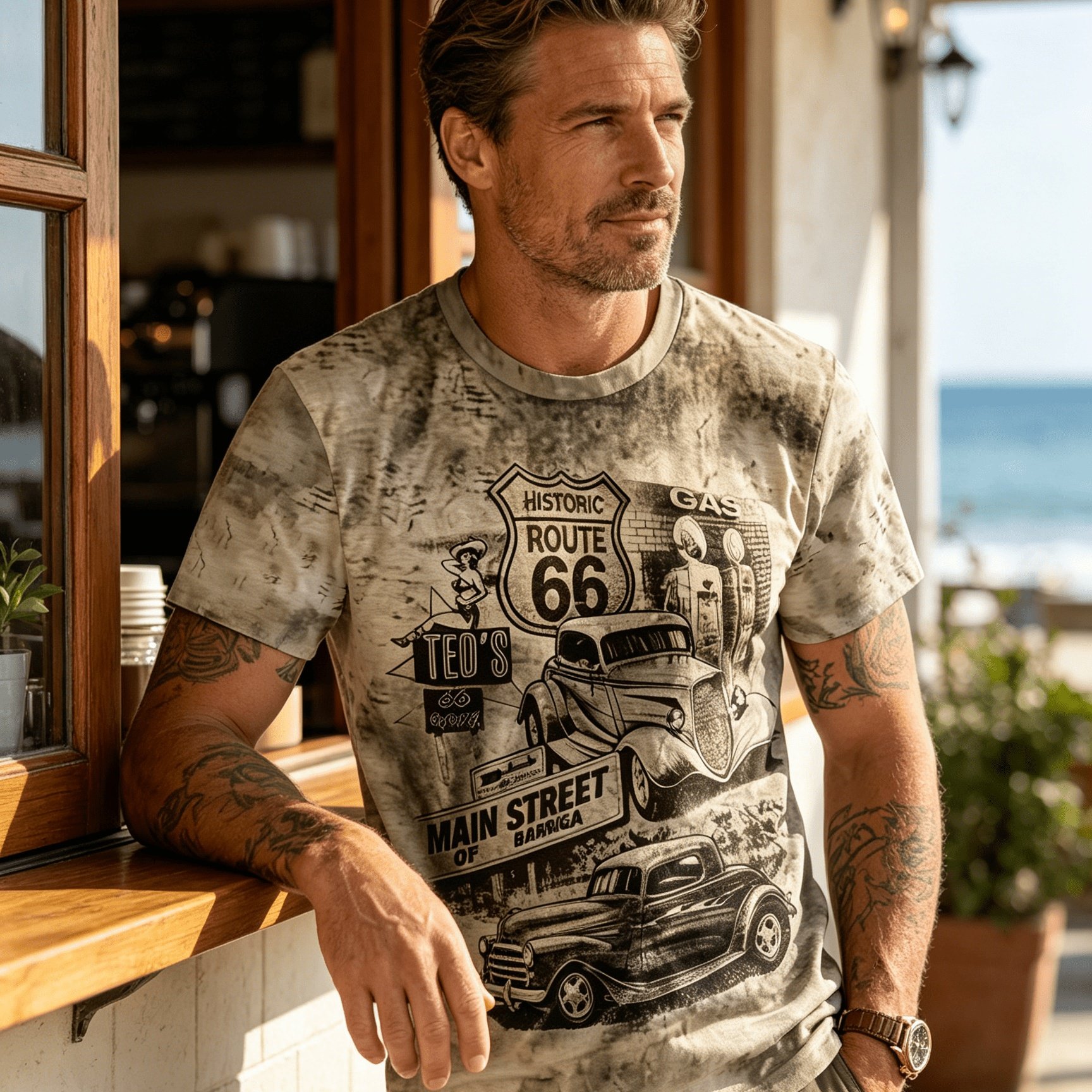 Men's Plus Size Vintage Car Graphic T-shirt - Short Sleeve, Casual/sport, , Polyester, Machine Washable, Plus Size