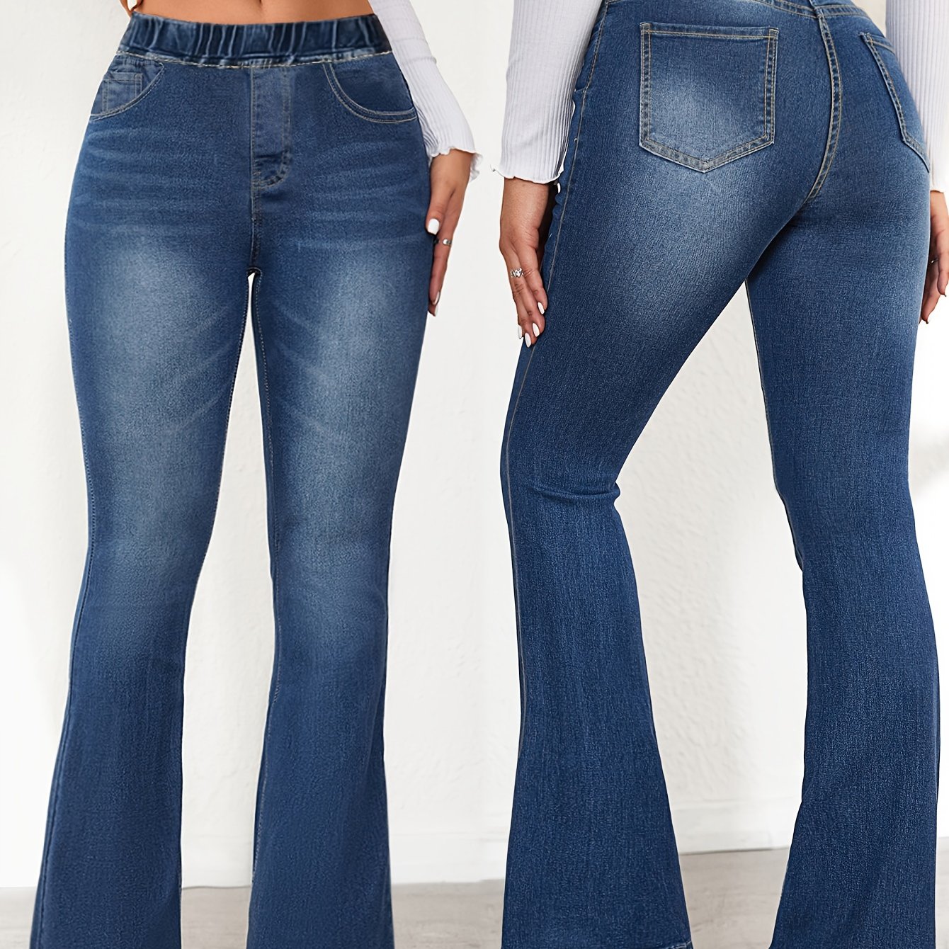 Image of Cross-border Supply Europe, America And North America Network Red Elastic Casual Jeans Elastic Waist Women's Flared Pants