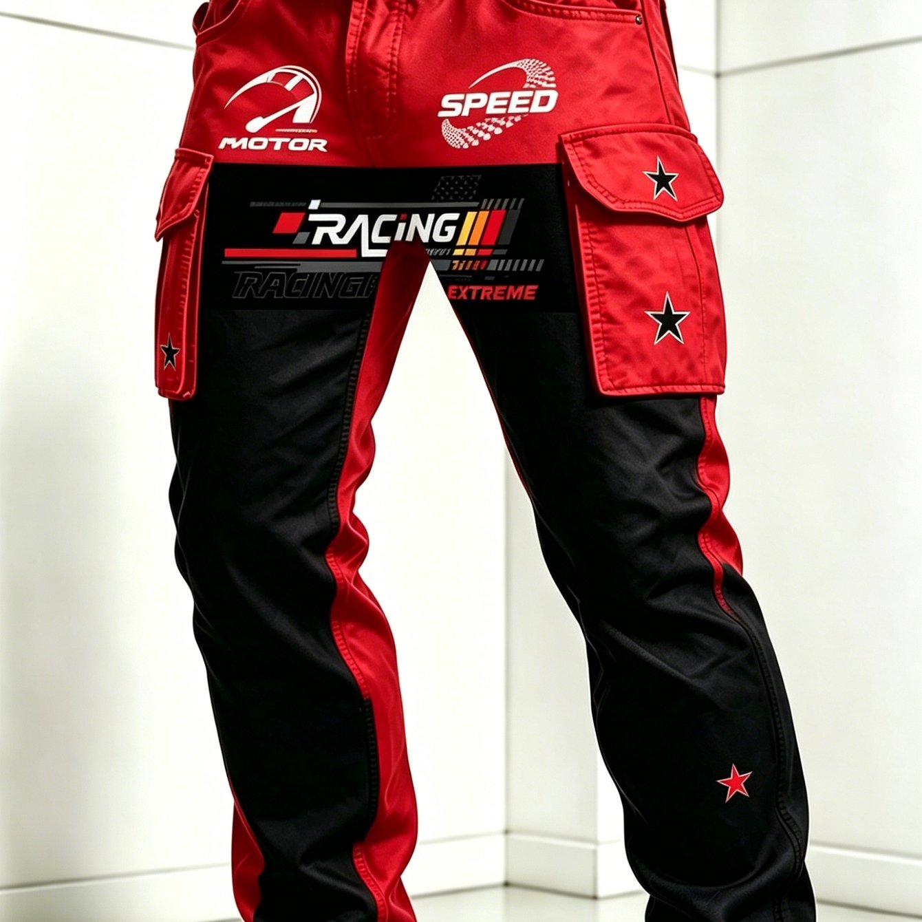 Teenager's Cargo Pants, Red Black Color Matching Casual Daily Outdoor Straight Leg Trousers, For Outdoor, For Teenager