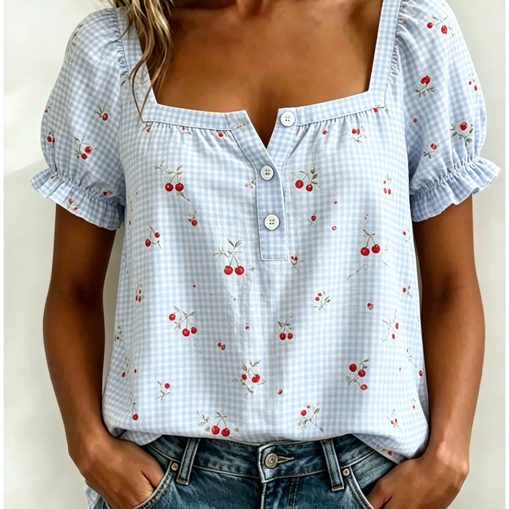 TEMU French Retro Square Neck Puff Sleeve Women's Top, Print Short-sleeved Shirt, New Women's Summer Clothing, Lightweight And Breathable, And