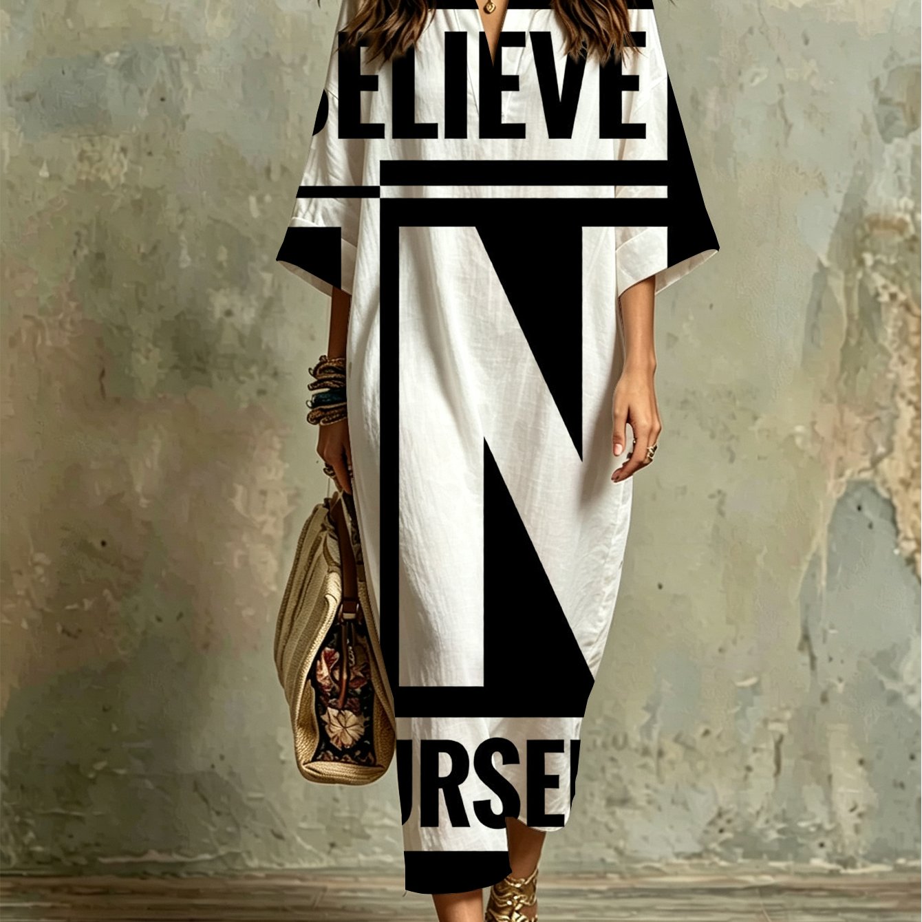 Image of Plus Size, Elegant Kaftan Dress With 'believe In Yourself' Print - Loose Fit Round Neck Beach Dress Suitable For Summer Vacations, Casual Outfits, Poolside Wear, Machine Washable Maxi Dress