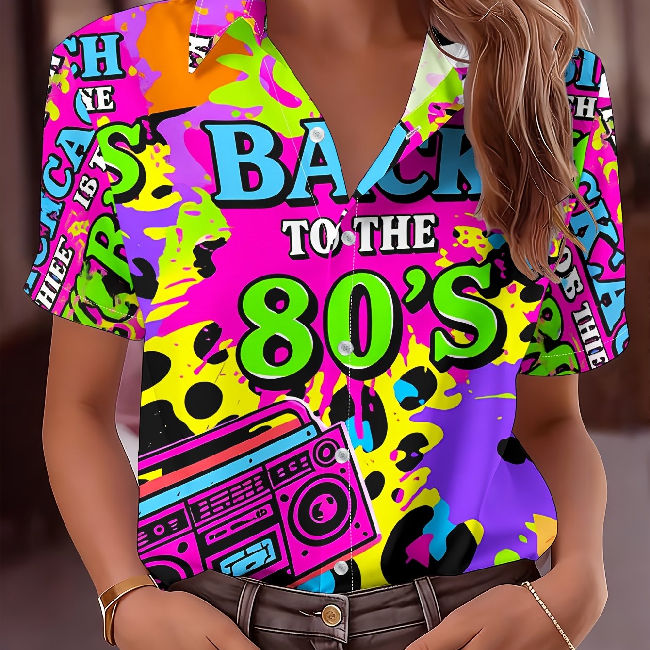 TEMU Women's Casual Shirt Back To 80s 80s Printed Button-up Shirt 1