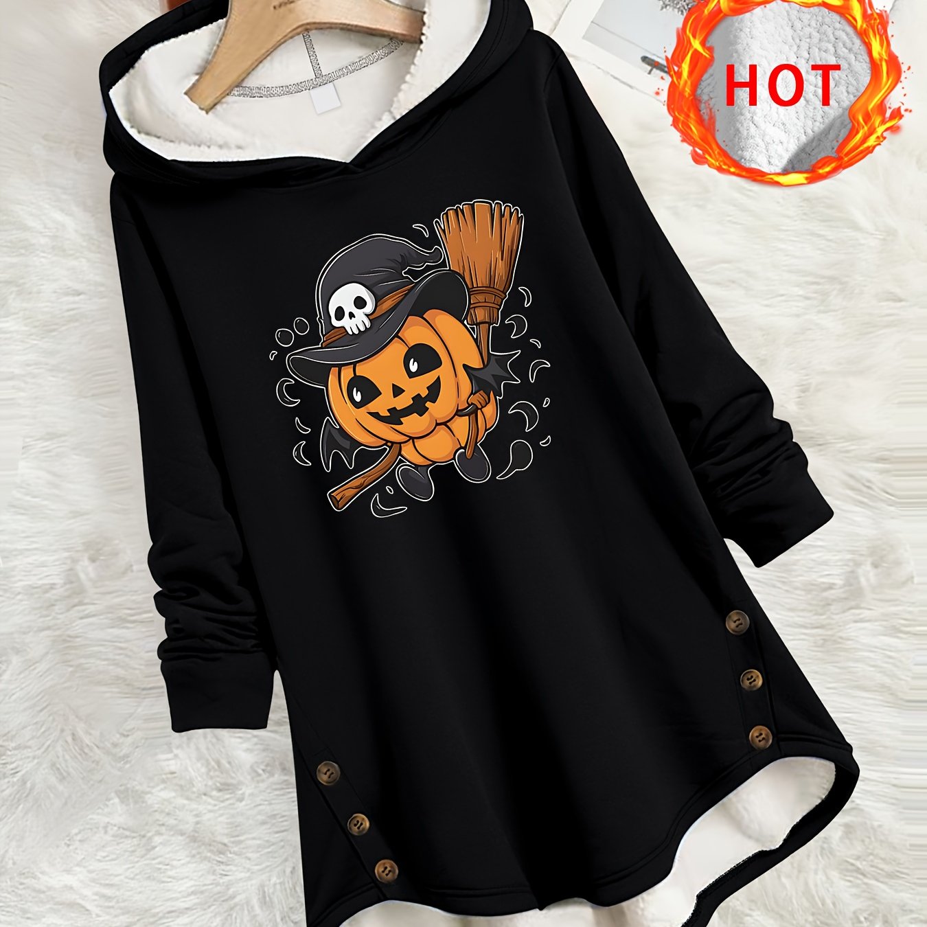 TEMU Plus Size - Plus Size - This Cozy Hooded Jacket With Buttons Features A Cute Design For A Spooky Halloween. A Plus-size, Warm Outerwear Suitable