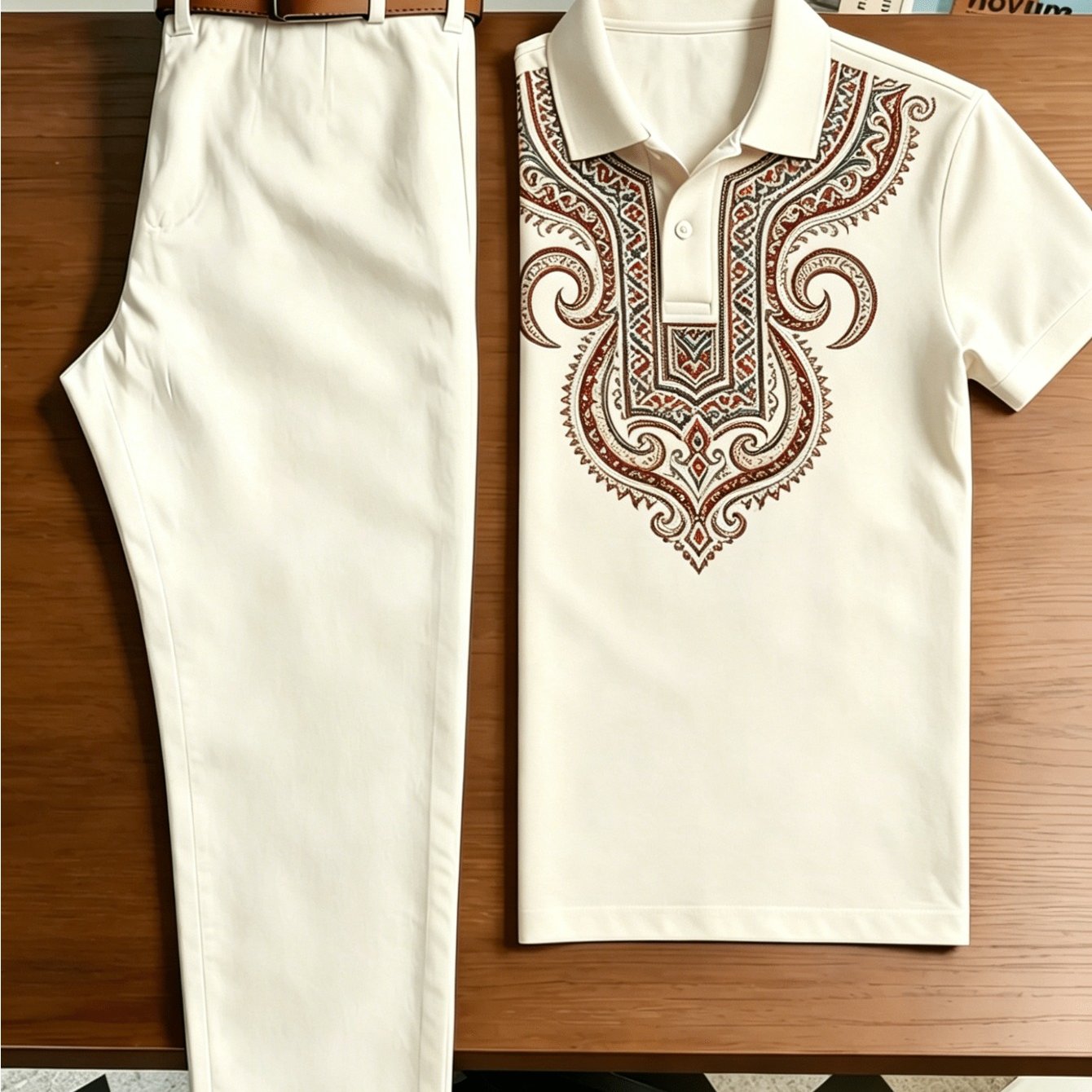 Image of Men's 2pcs Casual Outfit Set, Chest Vintage Paisley Ethnic Ornate Full Print Short Sleeve Shirt + Solid Straight Leg Chino Pants, Summer Holiday Suit