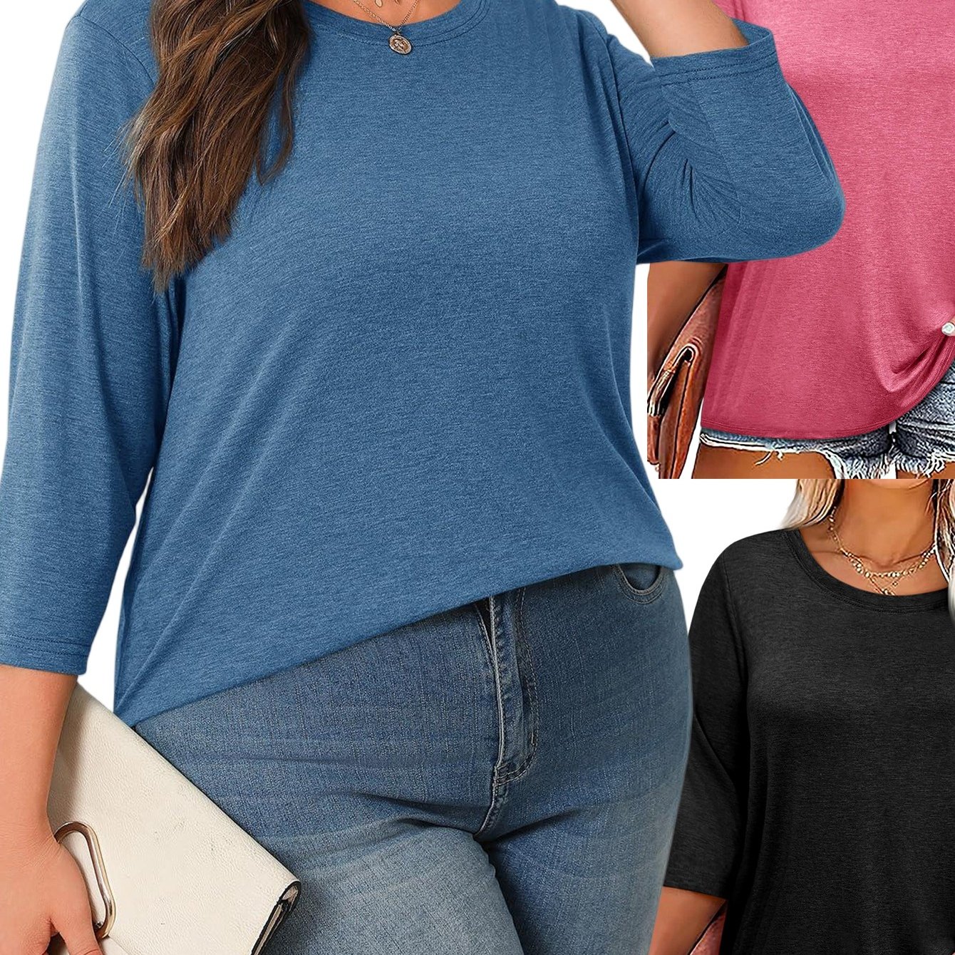 Image of Plus Size, Plus Size Tops For Womens 3/4 Sleeve Casual T Shirts Loose Fit Tunic Blouse