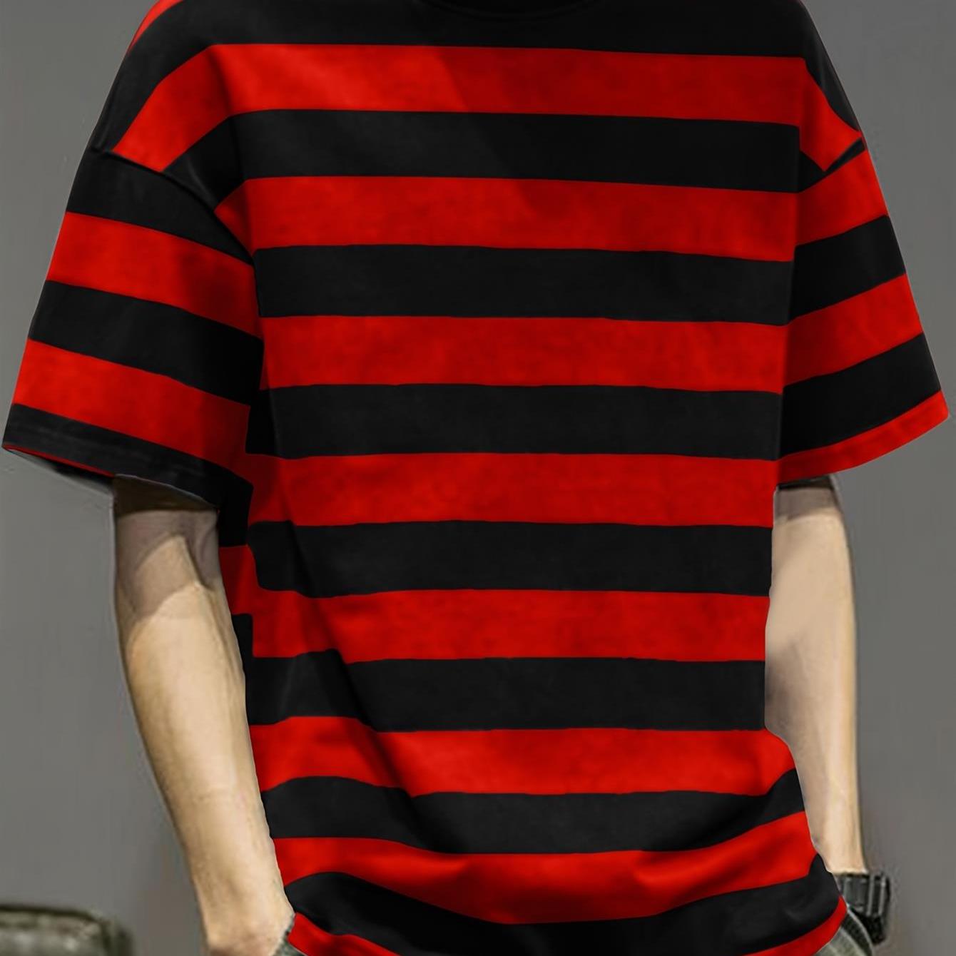 TEMU Mens Oversized Short Sleeve T Shirt Red And Black Horizontal Striped Daily Wear Summer Beach Streetwear Fashion Loose Fit Crewneck Top -printed