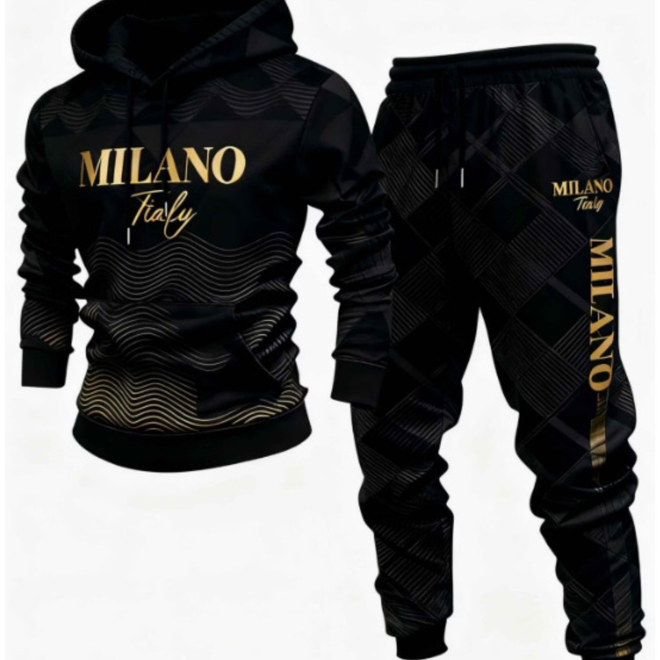 Image of Luxury Geometric Street Style Golden Graphic Pattern Men's Casual Outfit 2 Piece Fashion Set Men's Clothing Trendy Urban Wear Weekend Outfit Birthday Gift For Husband Holiday Gift For Men, Plus Size