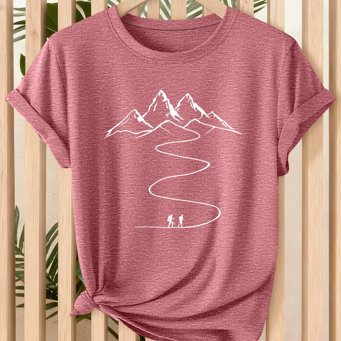 TEMU Women's Hiking Mountainous Winding Route Two-person Print Short Sleeve 1pc T-shirt, Women's Hiking Apparel, 2026 Spring/summer Neck T-shirt,