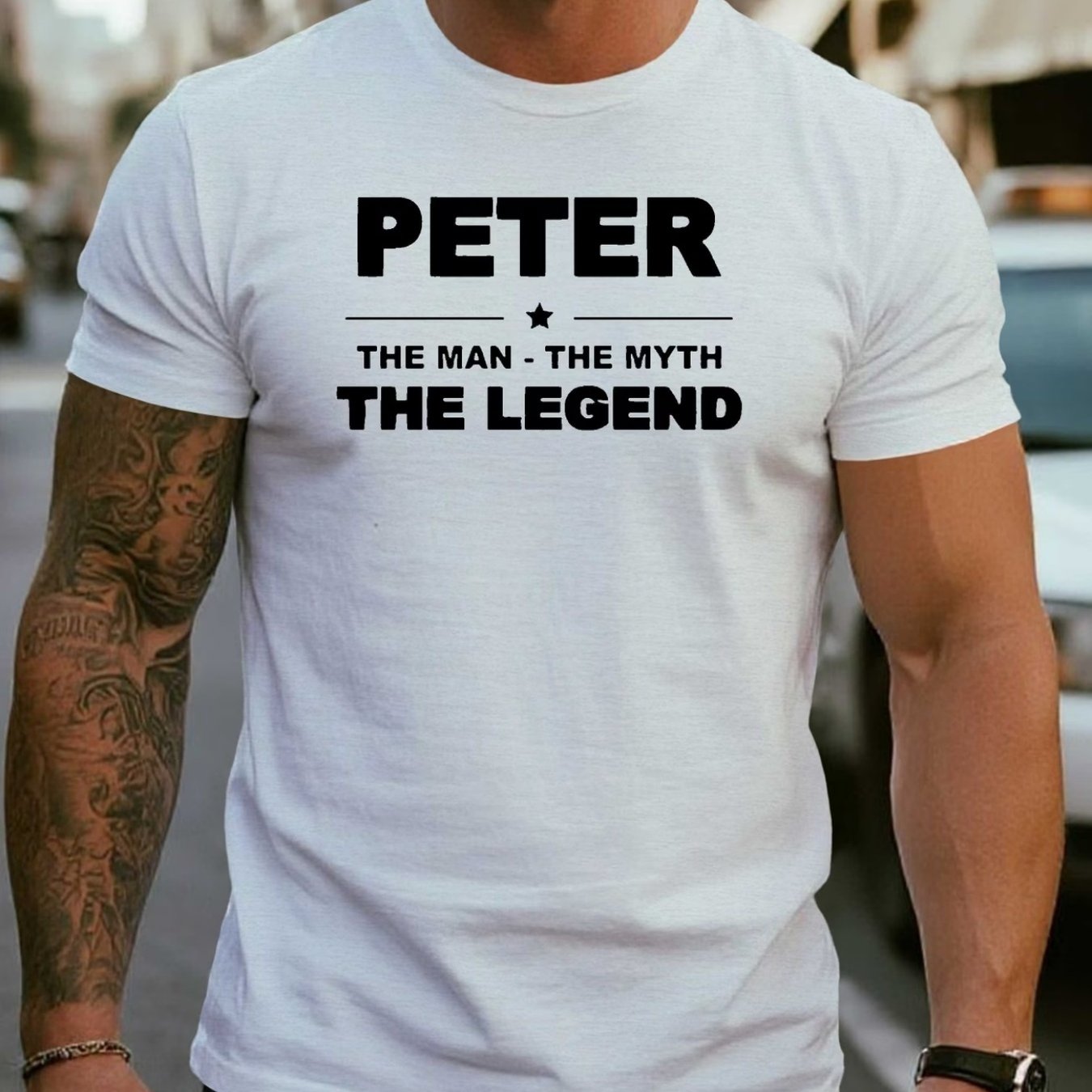 TEMU Men's "peter: Mythical Legend" T-shirt | Casual Urban Style, Soft And Breathable, Layout Design, Round-neck Short-sleeve Summer Tee
