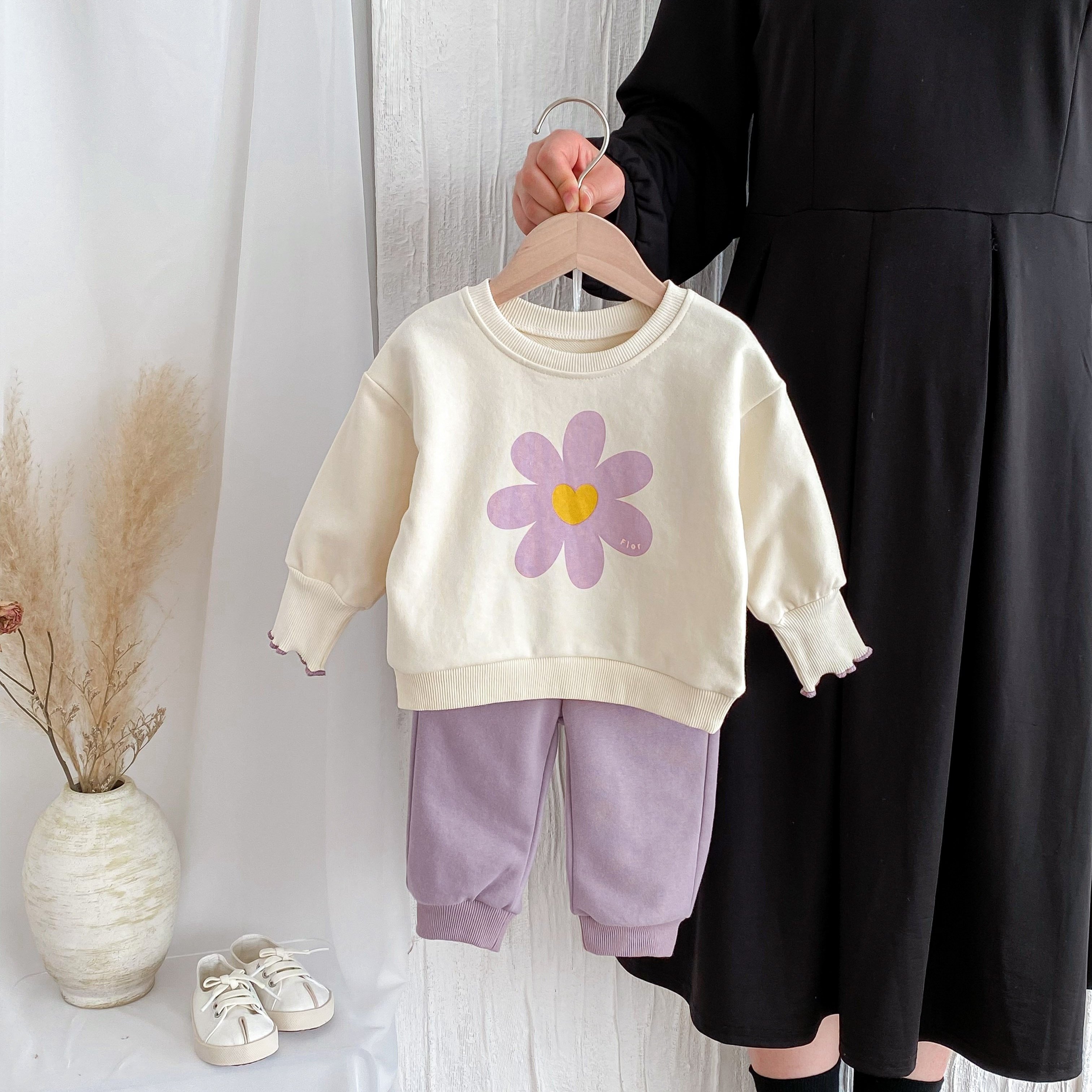 2pcs Set Of Baby Girls' Casual Contrast Large Floral Print Long Sleeve Sweatshirt Outfit For Spring/autumn, For Outdoor