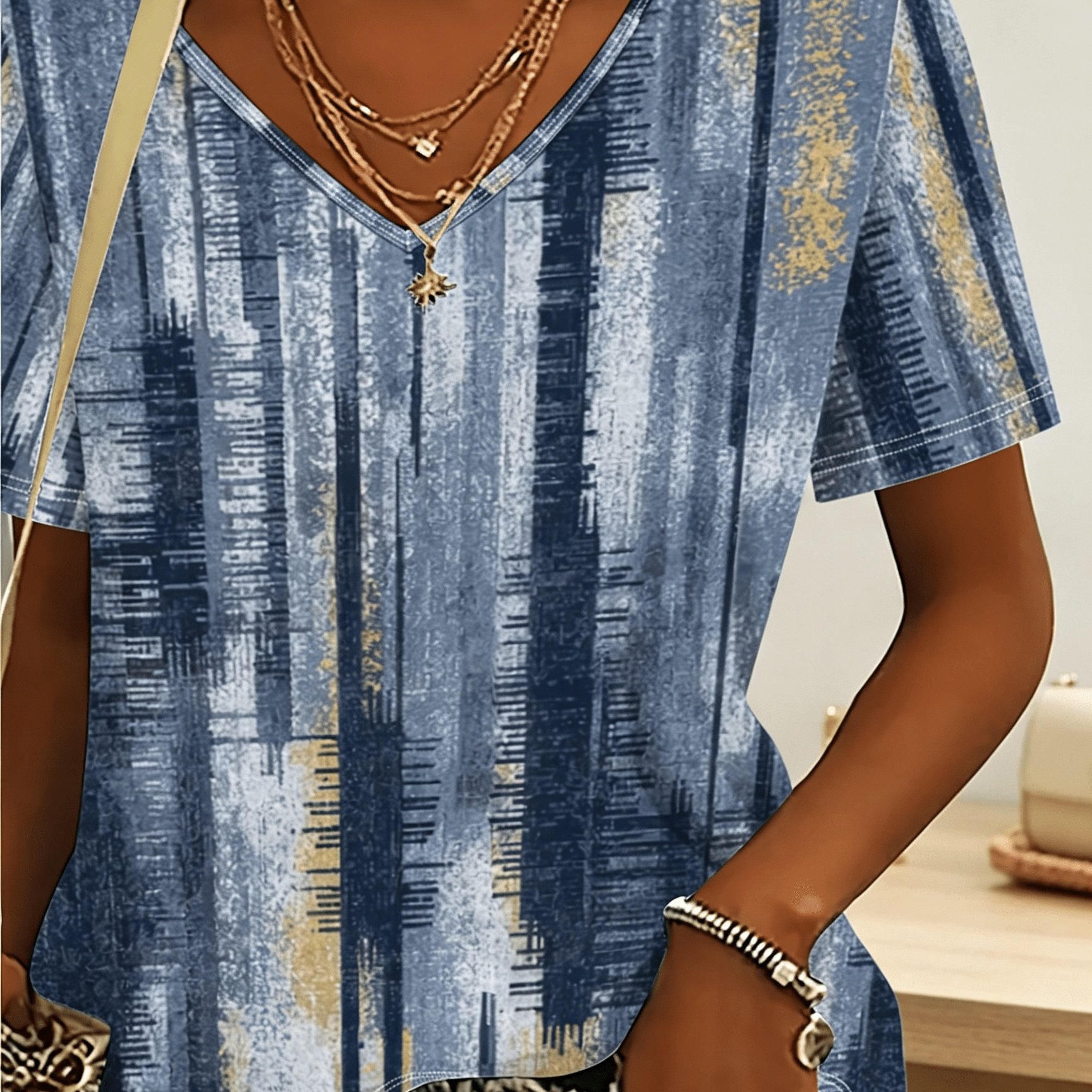 TEMU Plus Size Women's V-neck Short Sleeve T-shirt, Blue-gray Vintage Distressed Pinstripe Textured Printed Top, Retro For Daily , Commuting, Home,