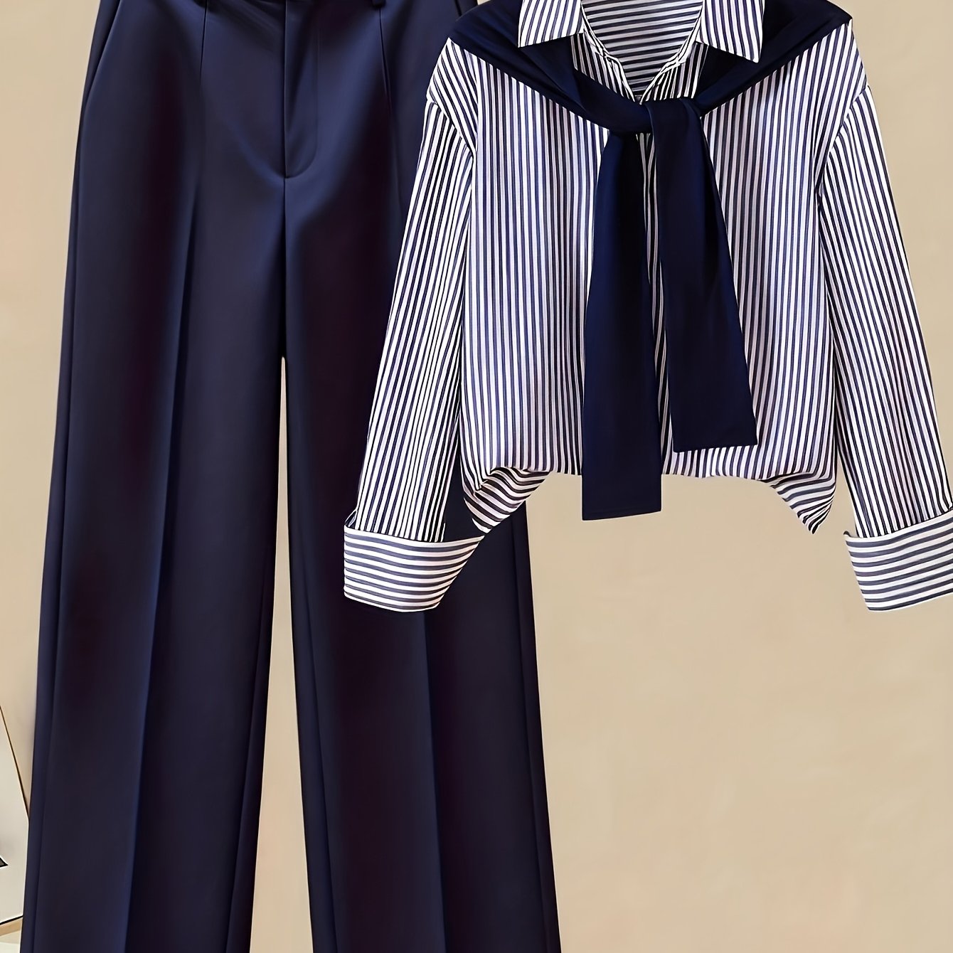 TEMU New Autumn Winter Striped Scarf, Women's Casual Shirt, High-waist Wide-leg Pants, Women's 3pcs Set, Women's Casual Set, Autumn Outfit, Women's