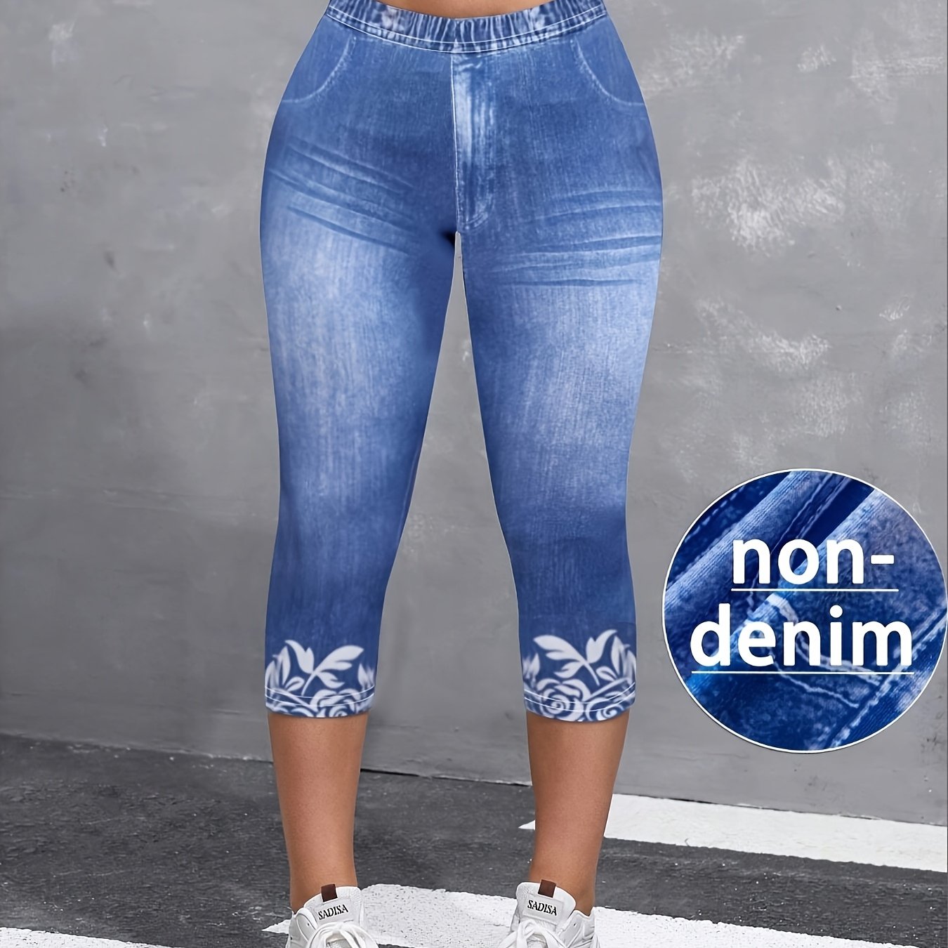E-shop [Bedruckte Hosen - Kein Denim-Stoff] Damen-Cropped-Leggings, Imitat-Denim-Druck Strumpfhosen