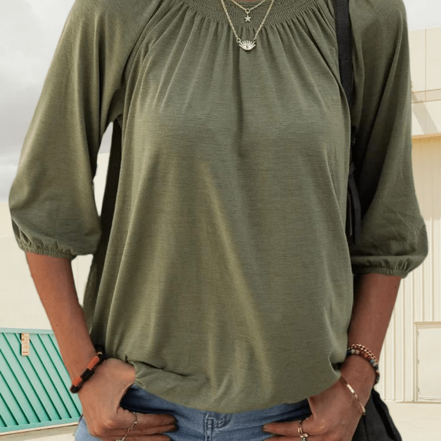 Women's Pleated T-shirt - 3/4 Sleeve Crew Neck Loose Fit Basic Casual Top