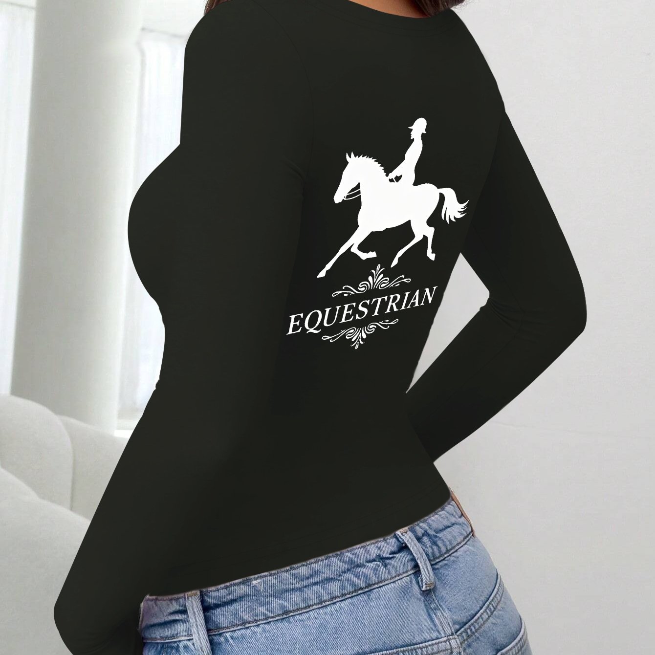 TEMU Stylish Long Sleeve T-shirt For Women Featuring A Rider Silhouette