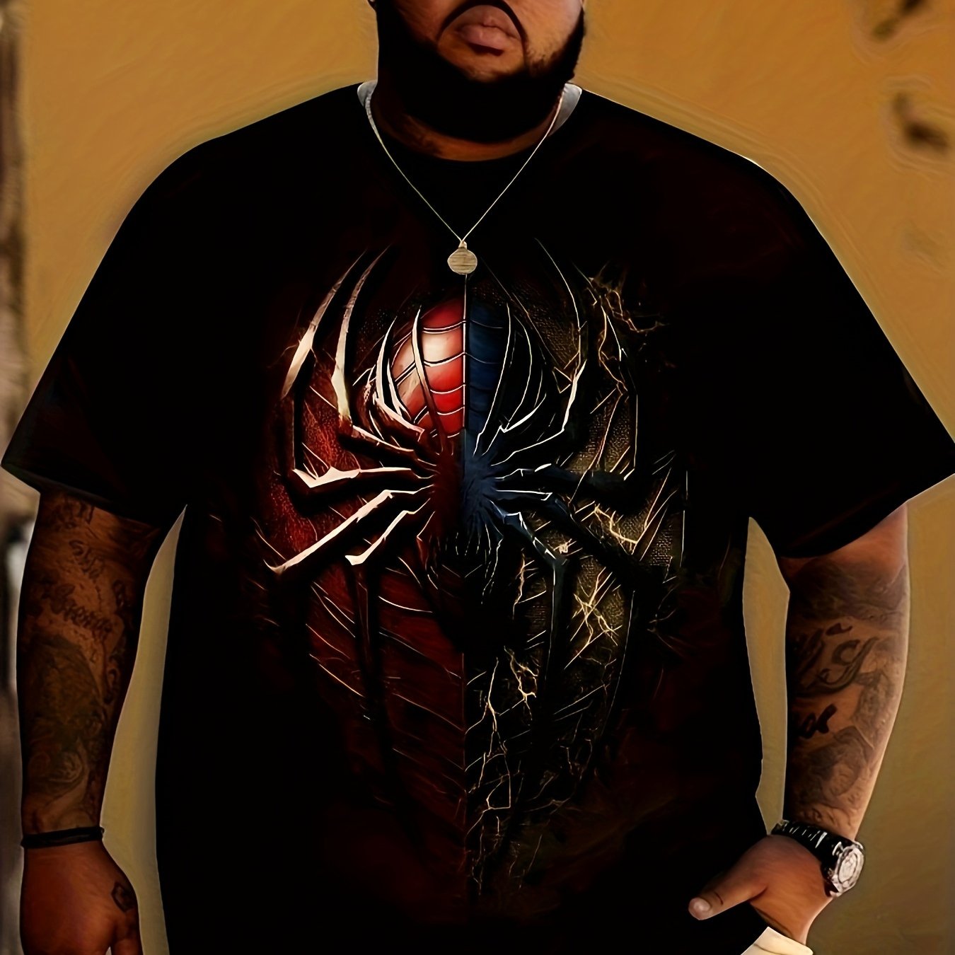 TEMU Plus Size Spider- Print T-shirt | Cool Type, Crew Neck, Stretch Fabric, Regular Fit, For Men