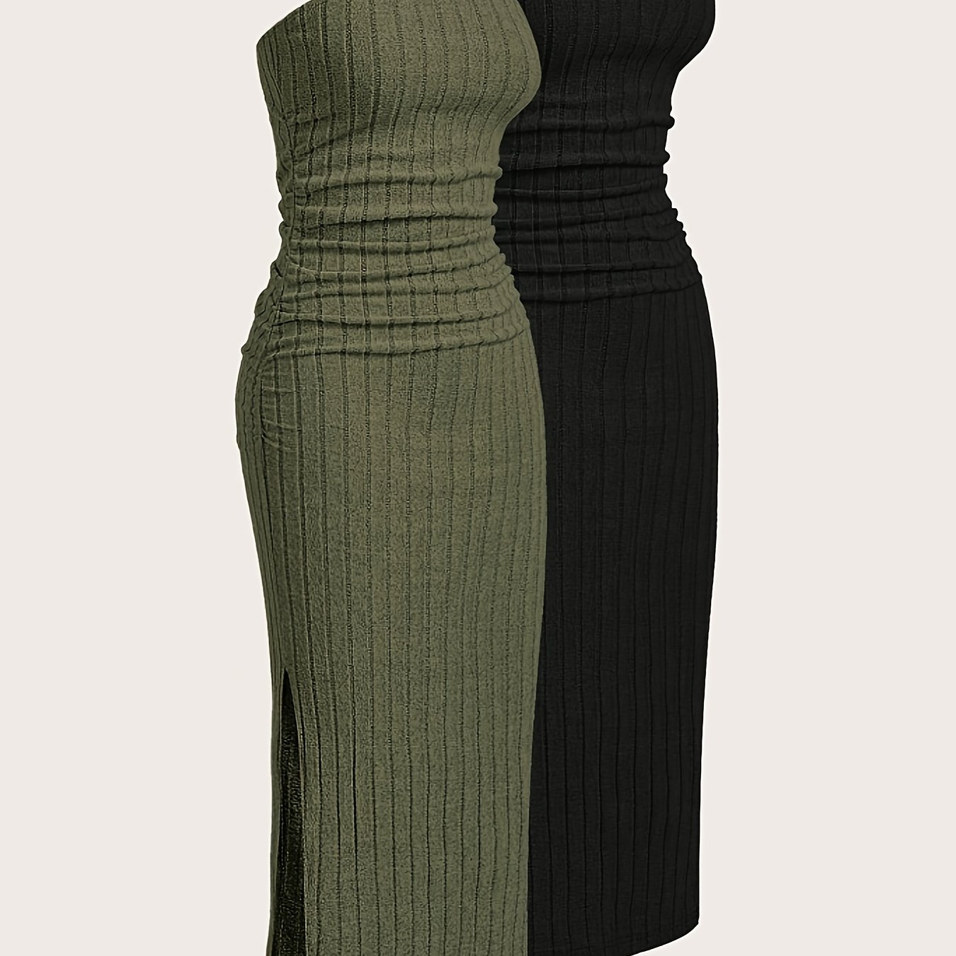 TEMU 2pcs Set Women's Elegant Off-shoulder Sexy Camisole Dress, Autumn/winter Brushed Base Layer Long Dress With Slit, Solid Color Dress, Elegant