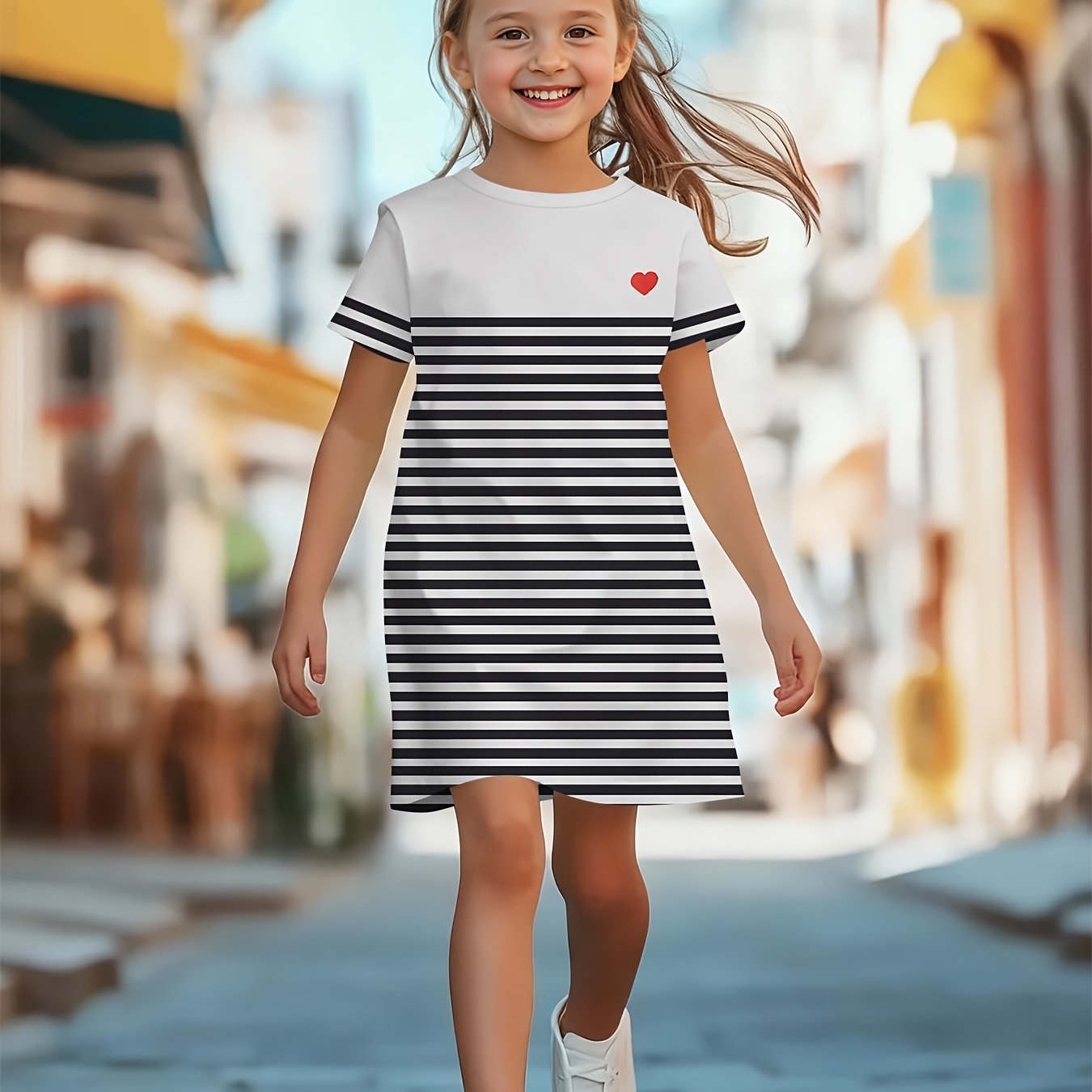 Image of Girls' Summer Short-sleeve Dress, Featuring Trendy And Fashionable White And Black Striped Pattern Print, A Trendy And Comfortable Short-sleeve Dress