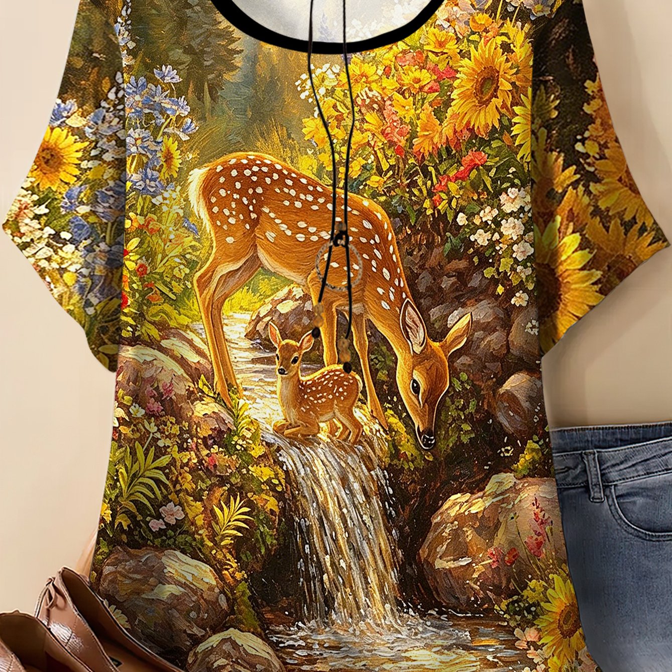 TEMU Plus Size - Plus Size - Women's Plus Size Loose Short-sleeved Shirt, Pastoral Style Fawn And Floral Stream Details, Skin-friendly Comfortable