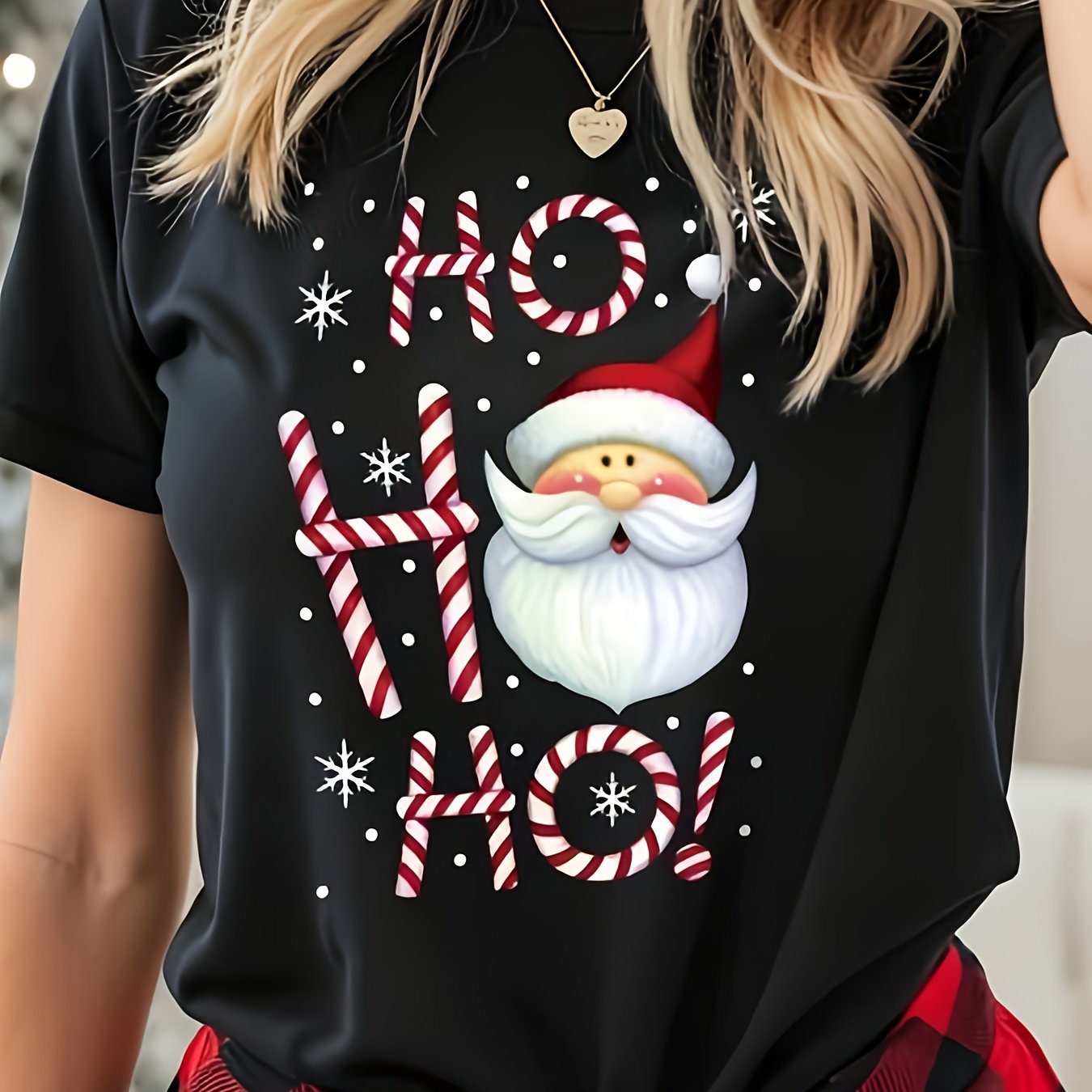 TEMU A Versatile And Soft Short-sleeve T-shirt For Women Featuring A Santa Claus Graphic With ' Ho', Christmas Attire. This Printed T-shirt Is