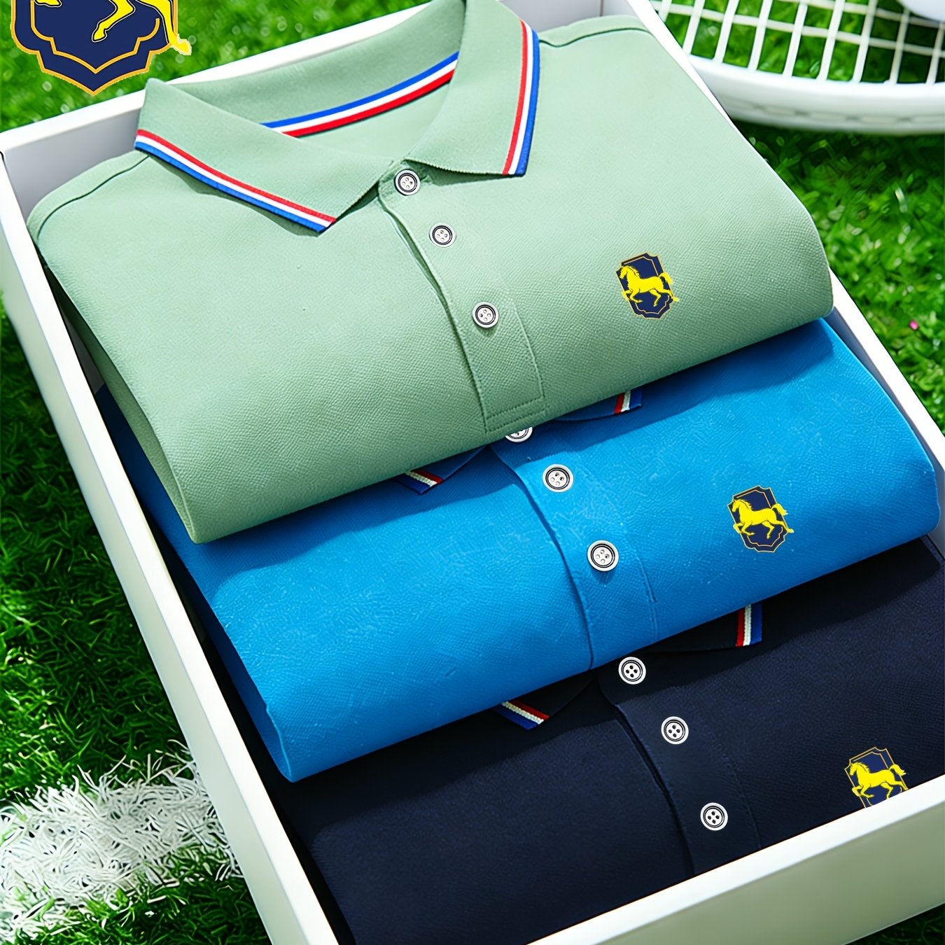 TEMU 3pcs Men Short-sleeve Shirts, Classic Solid Horse Print , Breathable Durable Button-up Top, Back To School Daily Outfit, Golf & Tennis Sports