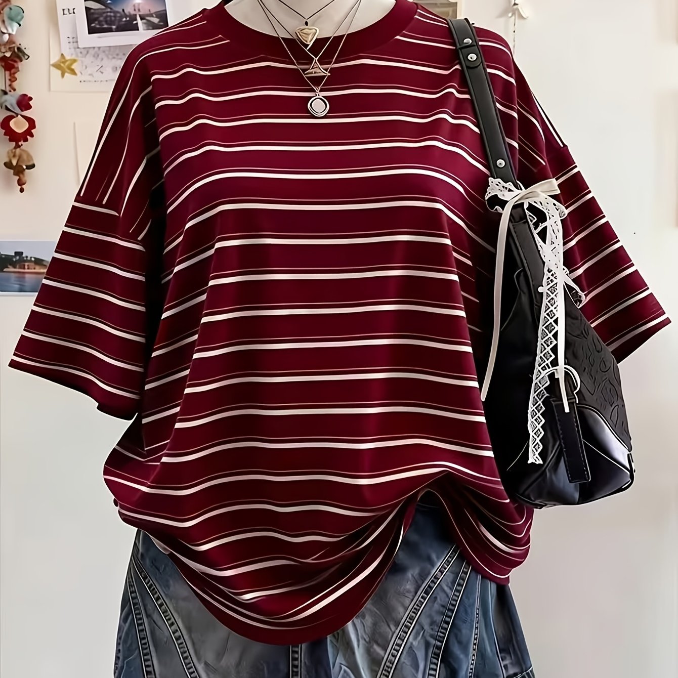 TEMU Plus Size - New Women's Casual Vacation Travel Plus Size Round Neck Off-shoulder T-shirt Comfortable Loose Oversized Printed Versatile Top