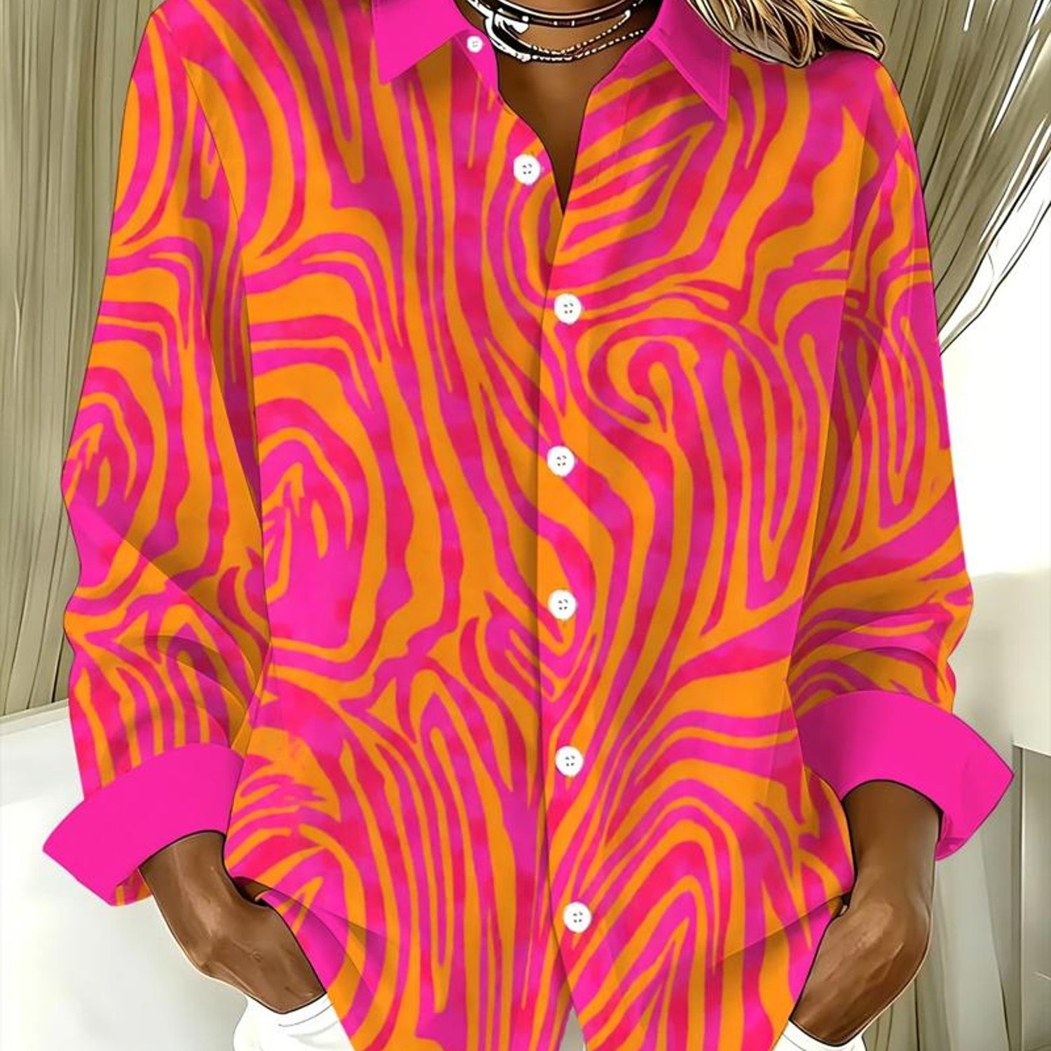 TEMU Women's Beautiful Shirt, Fashionable Blouse With Vibrant Pink & Orange Abstract Print, Casual Long - Sleeve Top For Daily Wear, Printed Design -