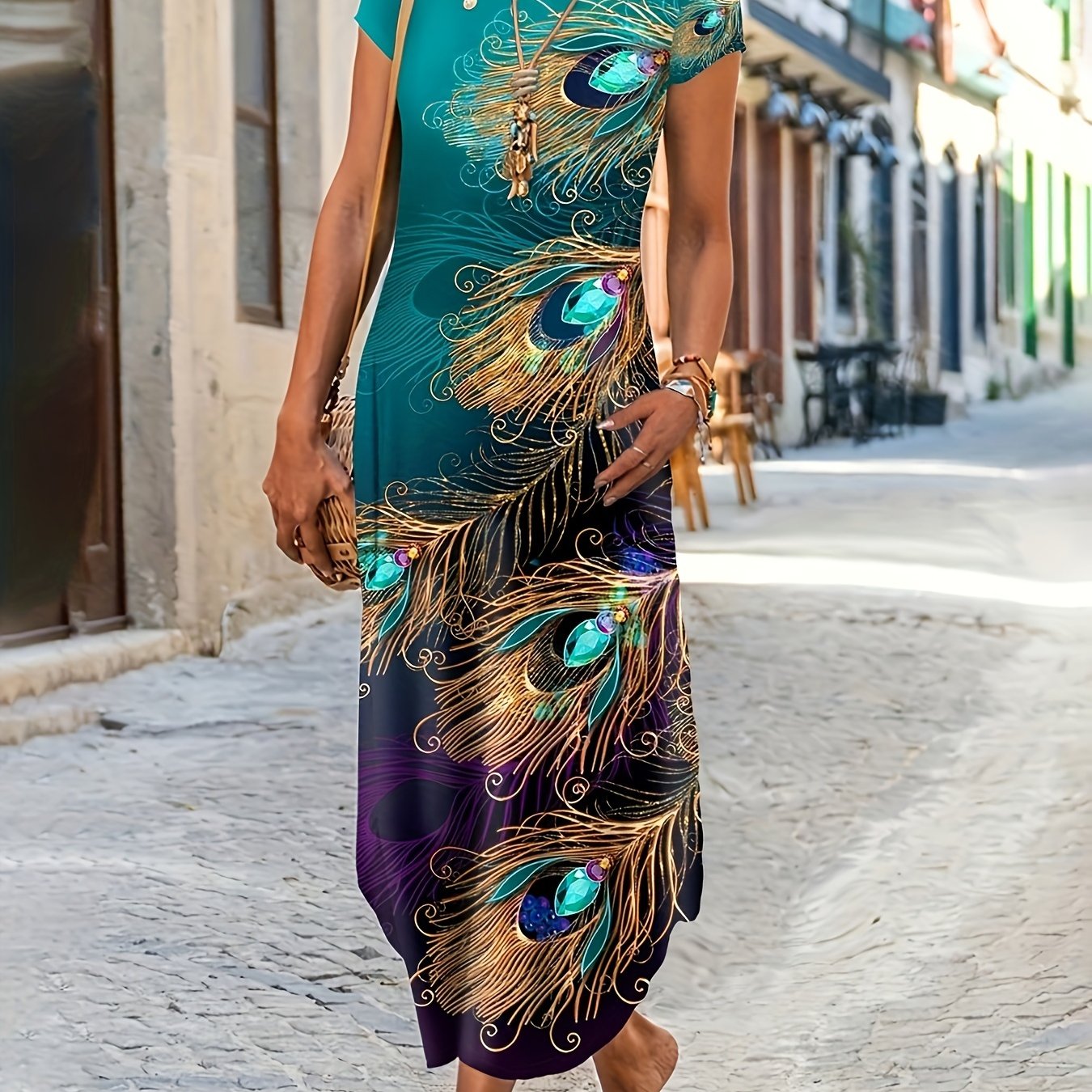 women's elegant peacock print short sleeve dress stretchy - Temu