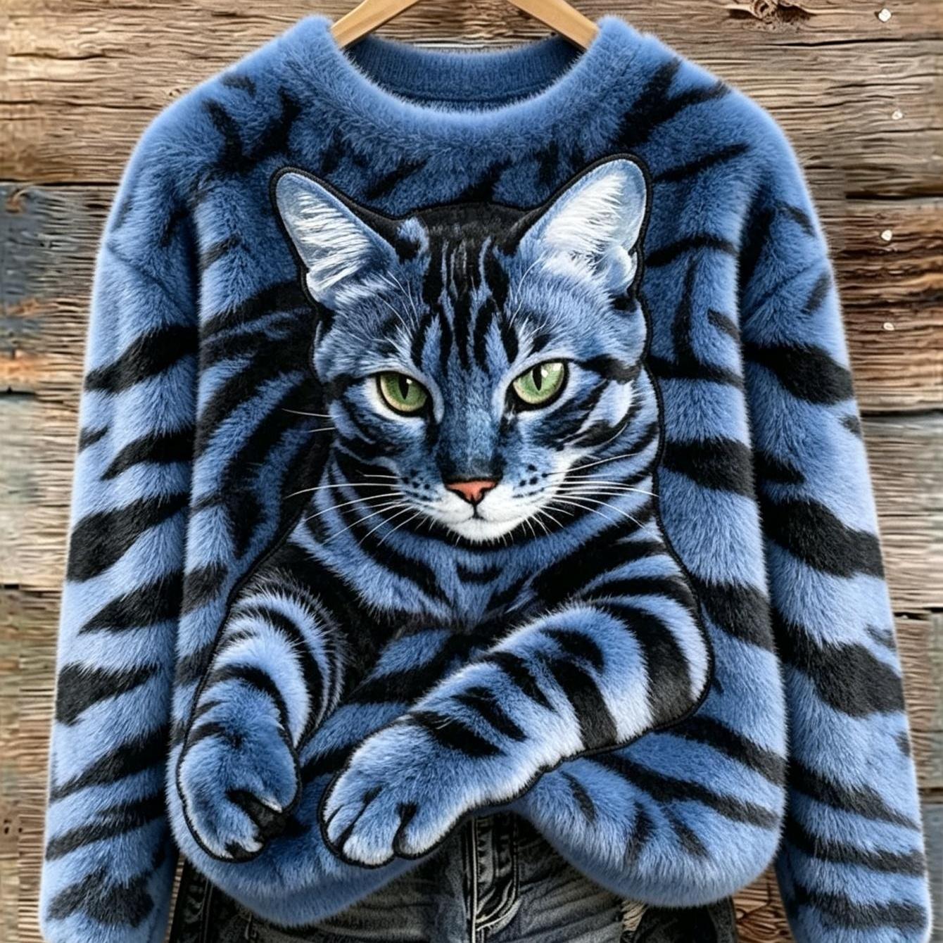 TEMU Women's Sweatshirt Loose Versatile Crew Neck Pullover Blue Cat Stripe Print Flat Print Crew Neck Sweatshirt Casual Long Sleeve Drop Shoulder