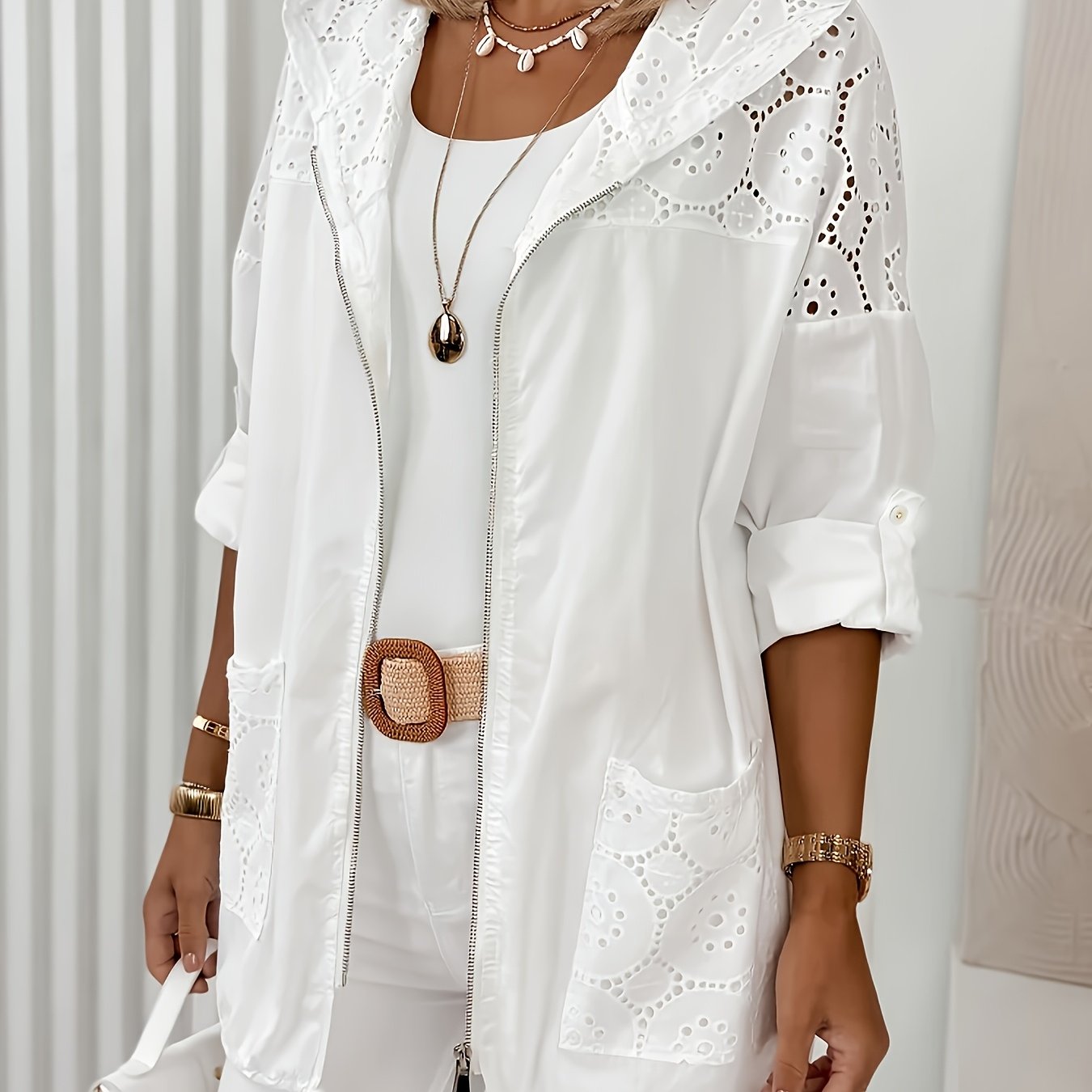TEMU Women's Elegant Hooded Thin Jacket Loose Casual Zipper Cardigan Long Sleeve
