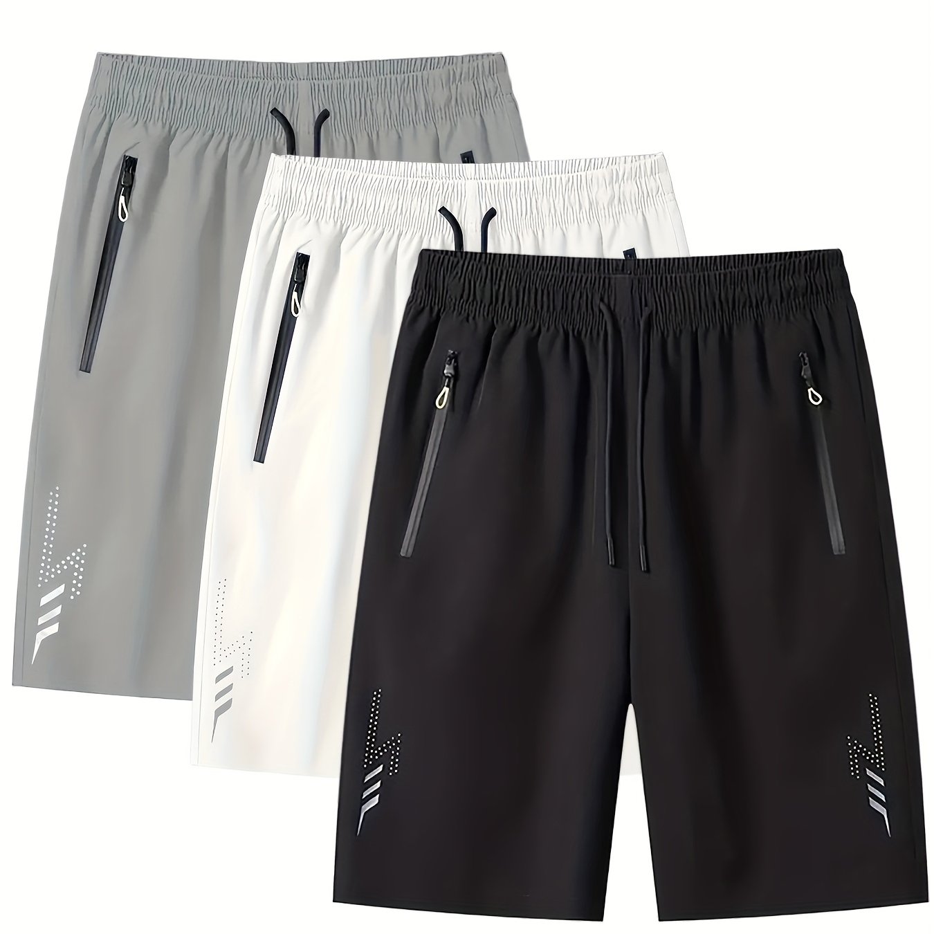 Image of 3pcs Set Men's Lightweight Quick-dry Running Shorts - Summer Casual & Athletic, Loose Fit, Black With White Accents, Elastic Waistband, Zipper Pockets, Polyester & Elastane Blend, Plus Size Shorts