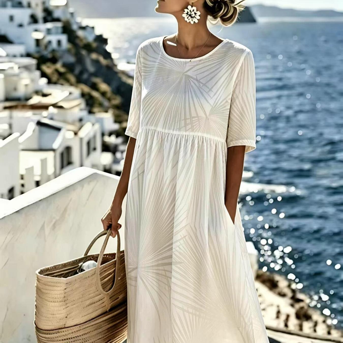 Image of Women's Summer Dress Solid Color Striped Minimalist Casual Casual Resort Style Fashionable And Elegant Machine Washable Suitable For Daily And Commuting The For Gifts