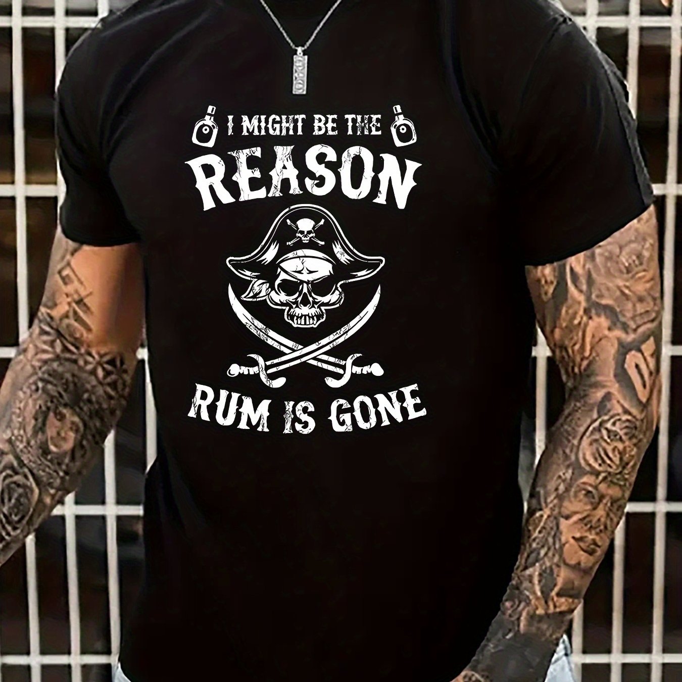 TEMU Men's Pirate Letter Print Short Sleeve T-shirts, Comfy Casual Elastic Crew Neck Tops For Men's Outdoor Activities