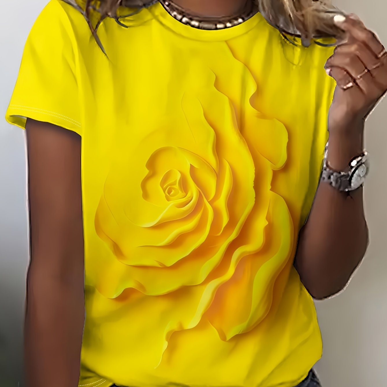 TEMU Printed Design â Not Textured Women's Fashion Round Neck T-shirt With Print On Yellow Background, Short Sleeve Top, A Unique Gift