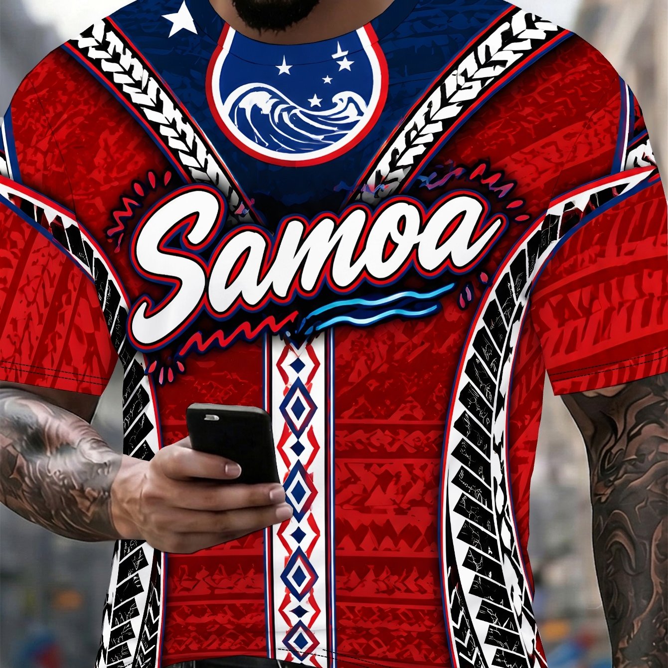 TEMU Teediy Men's Plus Size Samoa Island Tribal T-shirt - Big & Tall Short Sleeve Casual Round Neck Tee With Samoa Jersey Print, Machine Washable