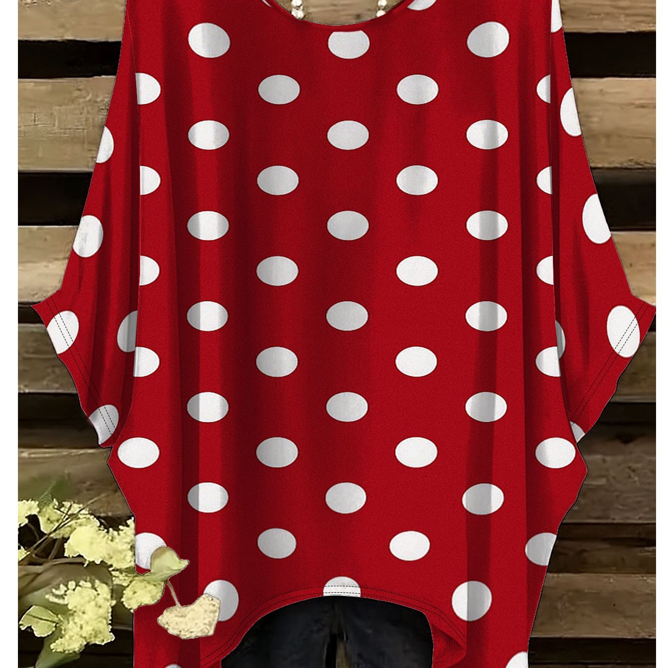 TEMU Plus Size, Women's Plus-size Vintage Red Polka Dot T-shirt - Loose-fit Short Sleeve Round Neck Blouse-compatible Top With Asymmetrical Hem |