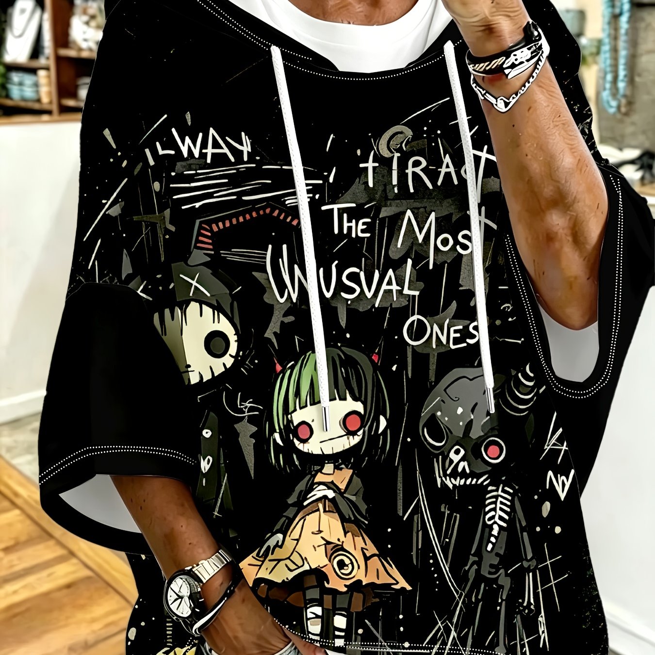 TEMU Plus Size - -size Off-shoulder Hoodie Features A With Cartoon Zombie And Skull Graffiti Patterns In White, A Strong Contrast. The Loose Fit And