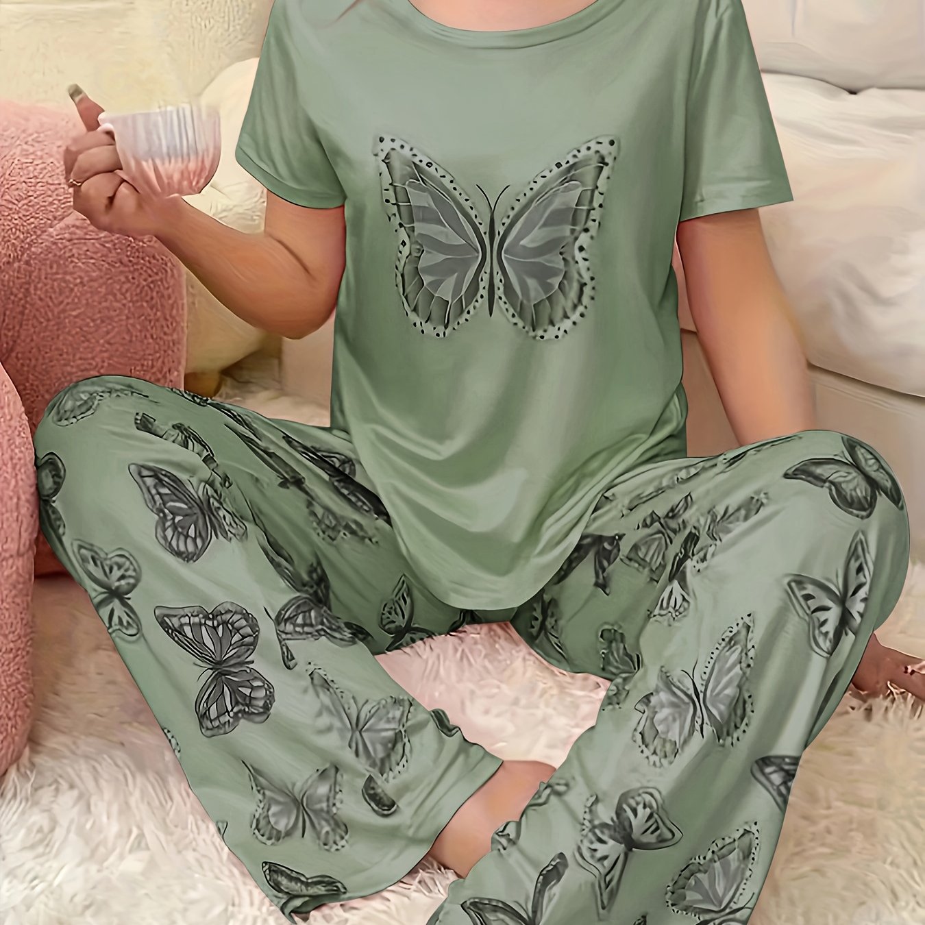 TEMU A Two-piece Set Of Women's Comfortable Pajamas Featuring Print Long Pants And A Patterned Top For