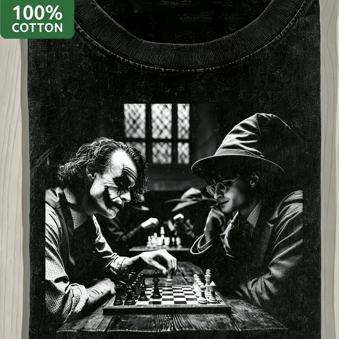 Image of Men's 270gsm Heavyweight Vintage Washed Joker Harry Potter Chess Game Cotton Tee Wizard Crossover Intellectual Duel Parody Short Sleeve Cool Tee