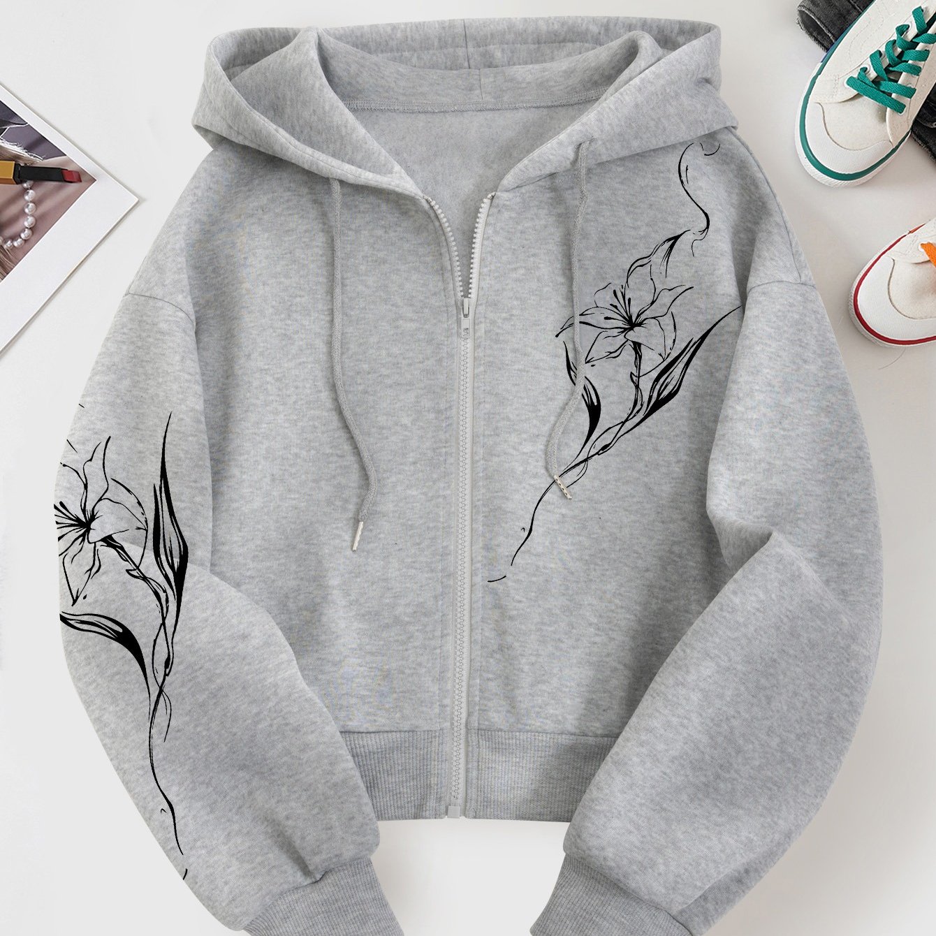 TEMU D139qx - Autumn/winter Women's Hooded Sweatshirt With Chinese-style Lily Flower Cloud Mist Monochrome Print, Unique Streetwear Niche For ,
