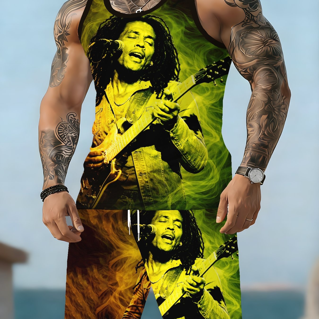 TEMU Men's Athletic Vest And Shorts Set, Summer Lightweight Quick-dry Breathable Round Neck 3d Print Fitness Running Two-piece Set