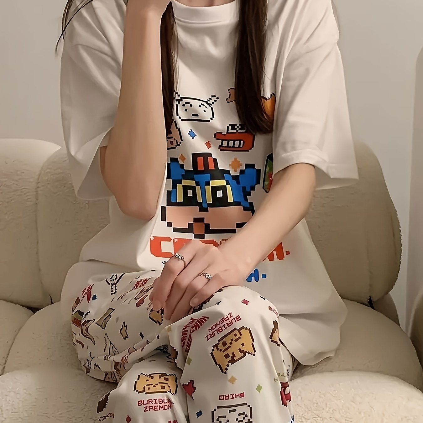 TEMU Cute Cartoon & Letter Print Lounge Set, Short Sleeve Round Neck Top & Pants, Women's Loungewear