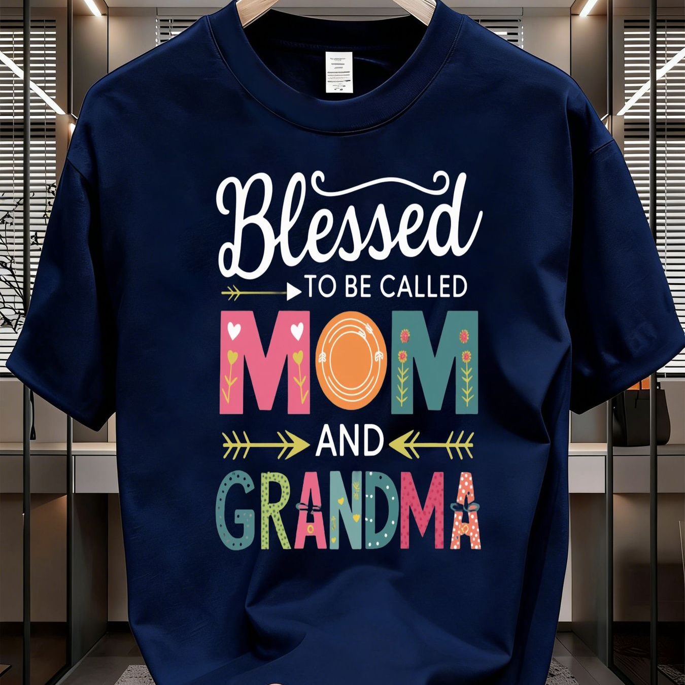 TEMU Women's Short Sleeve T-shirt, Printed With Blessed To Be Called Mom And Grandma Multicolor Artistic Font Pattern, Soft Comfortable Breathable