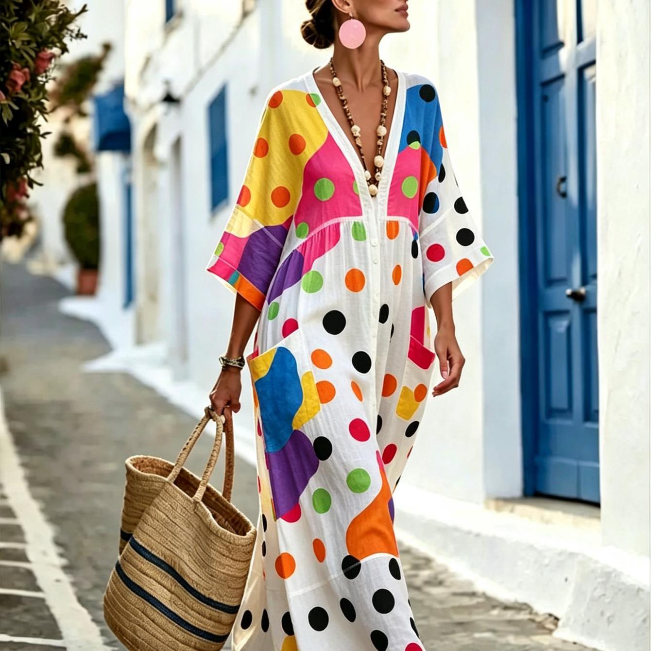 Women Summer Flowy Long Dress Colorful Polka Dot Abstract Pattern Print V Neck Batwing Sleeve Beach Kaftan Maxi Dress Vacation Elegant Ladies Long Gown