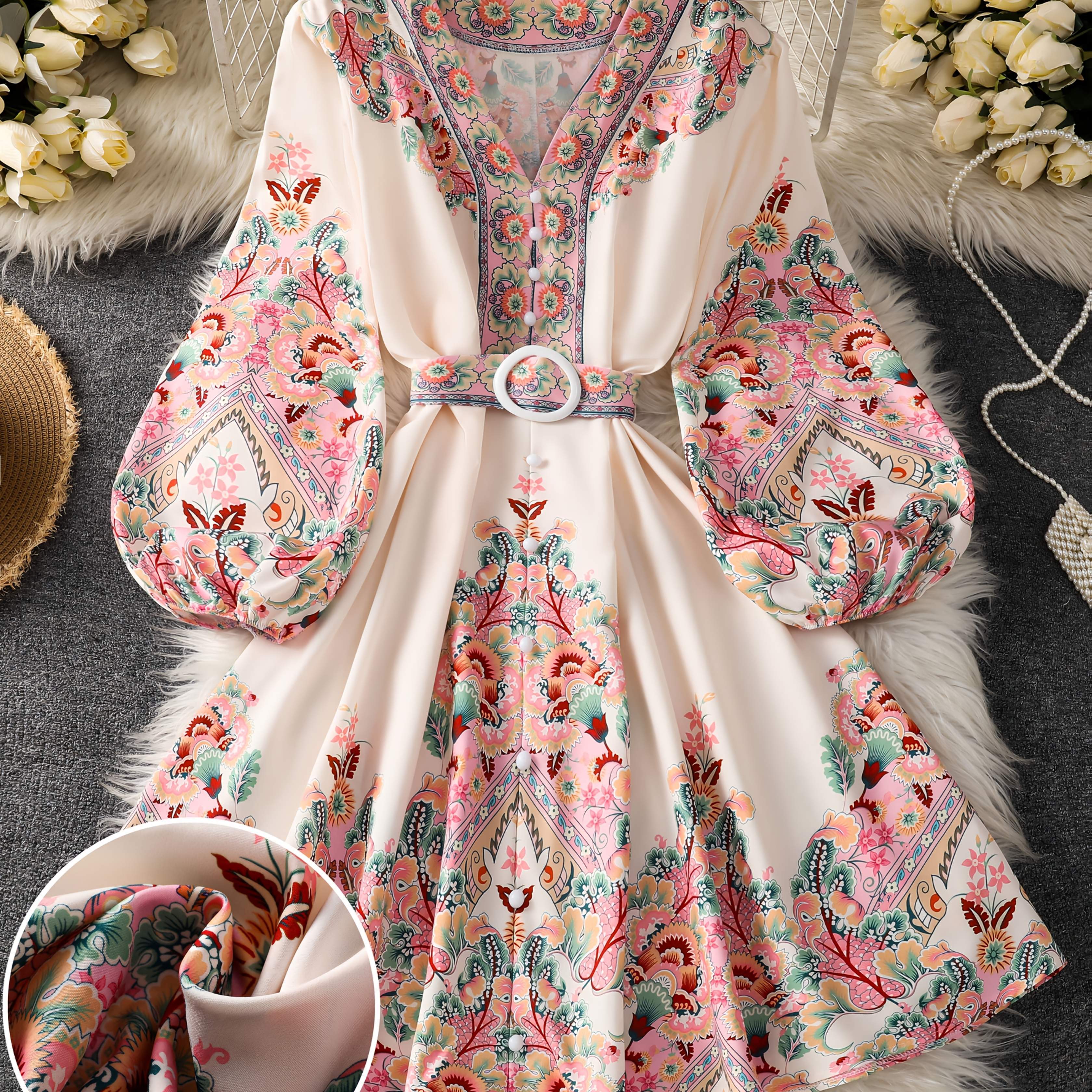 E-shop Damendress im Boho-Stil mit V-Ausschnitt, langen Laternenärmeln & verstellbarem Gürtel – Blumen- und geometrisches Muster Mini-Kleid,