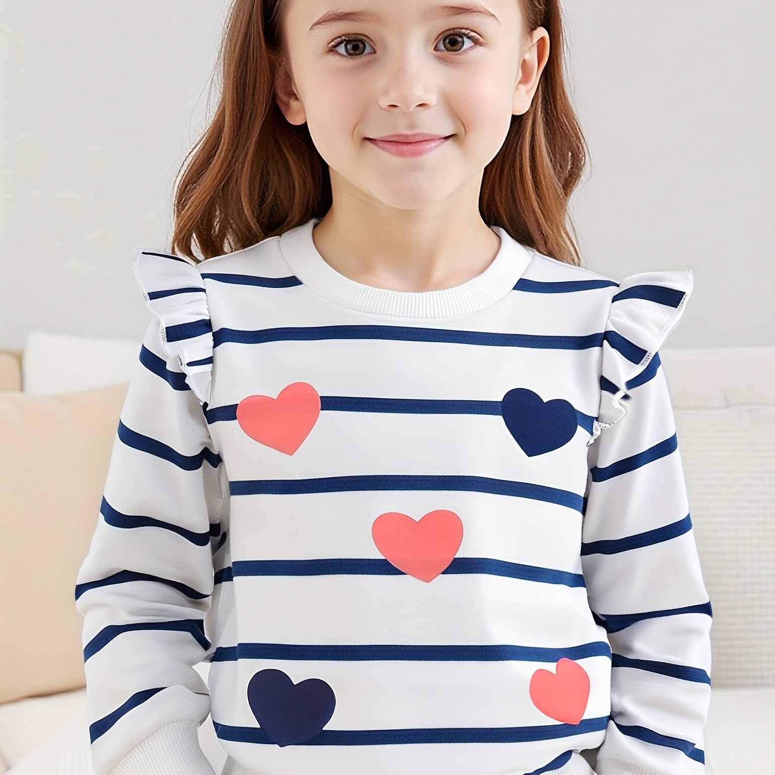 Image of Girls' Striped Heart Print Shoulder Ruffle Long Sleeve Round Neck Knit Sweatshirt, Fall