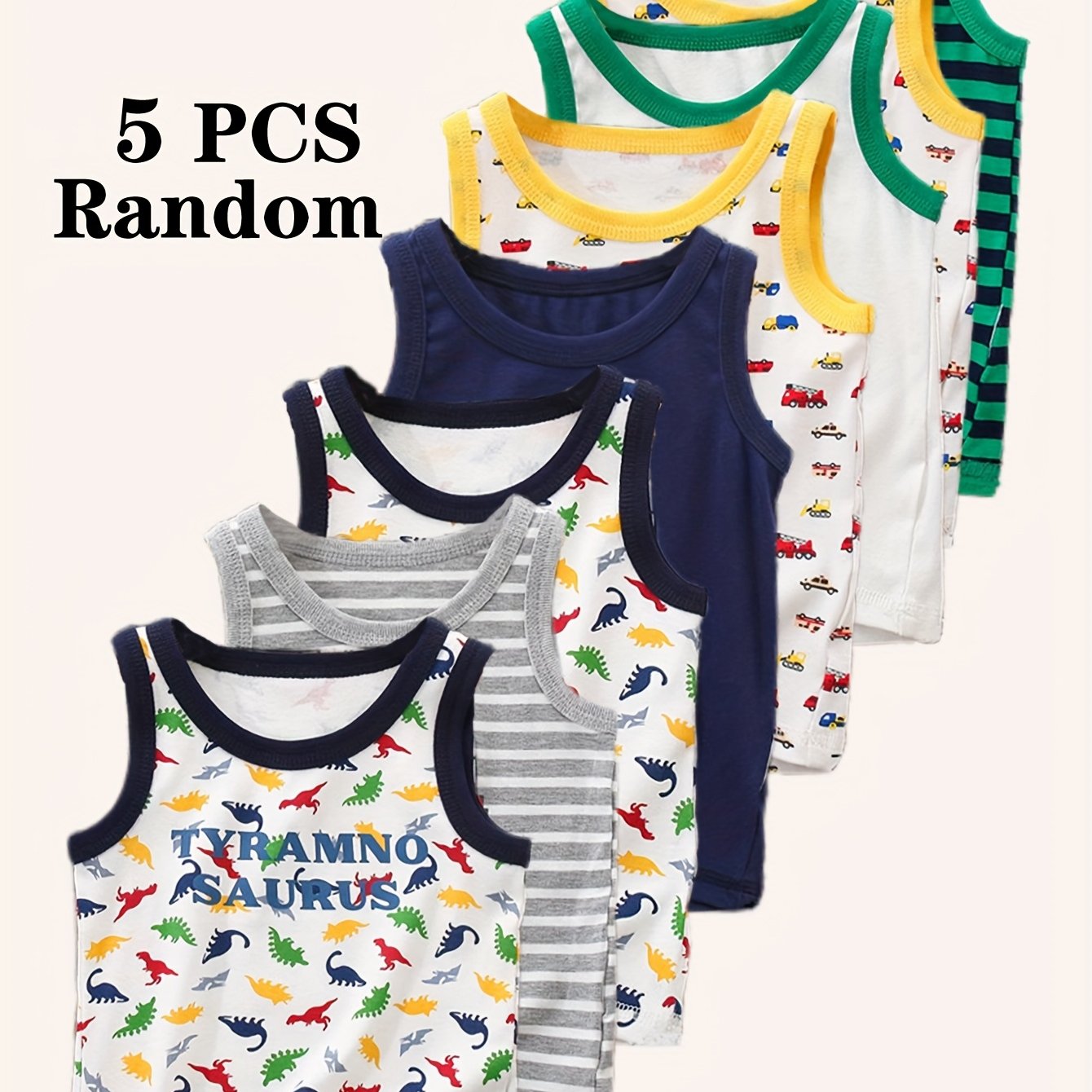 Image of 5pcs Random Assortment Back-to- Boys' Dinosaur Print Cotton-spandex Stretch Tank Tops, Summer Style Sleeveless Thin Tops For Infants And Children
