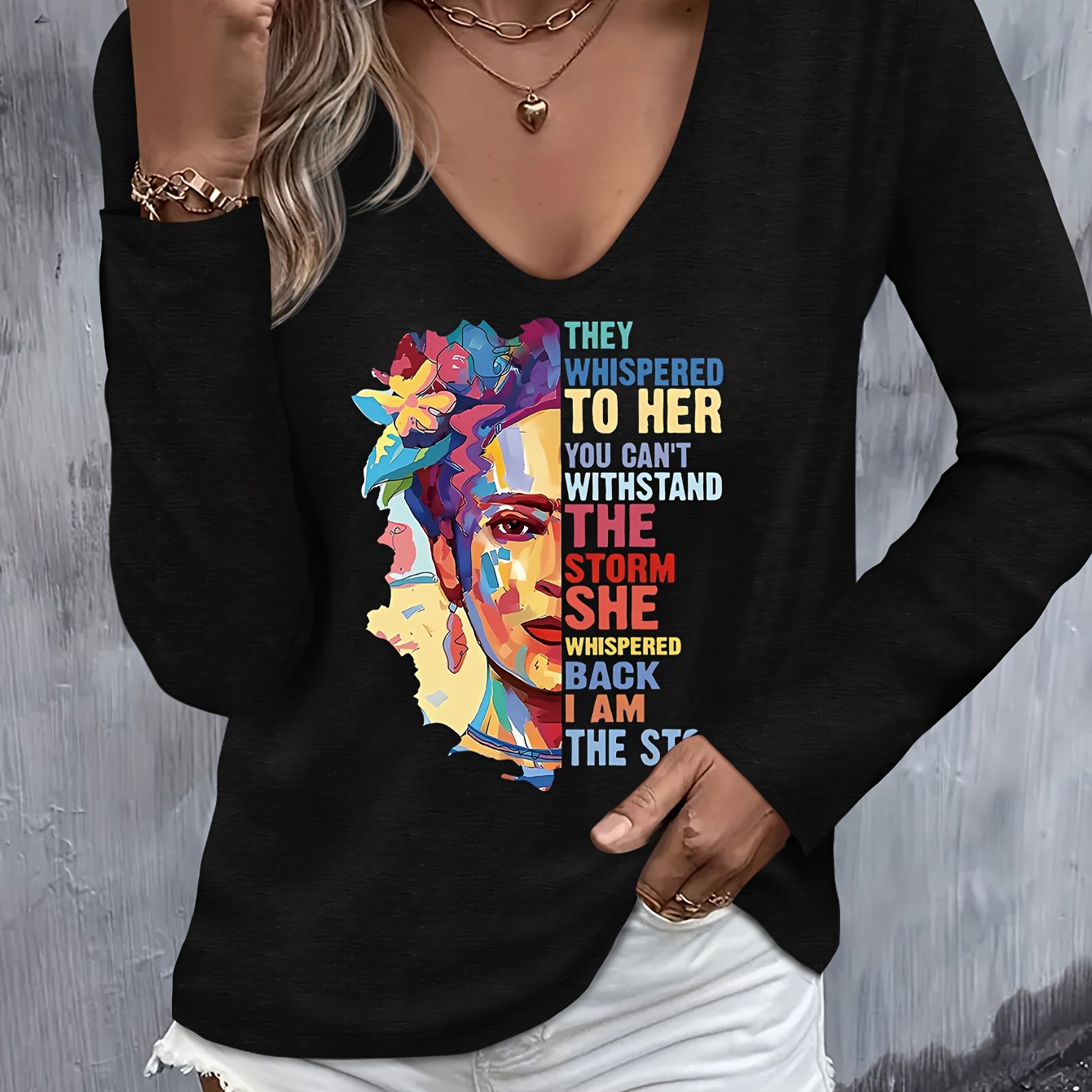 TEMU Haut pour femme automne/hiver avec imprimé gribouillage portrait de visage de , T-shirt décontracté coloré à manches longues et col en V,