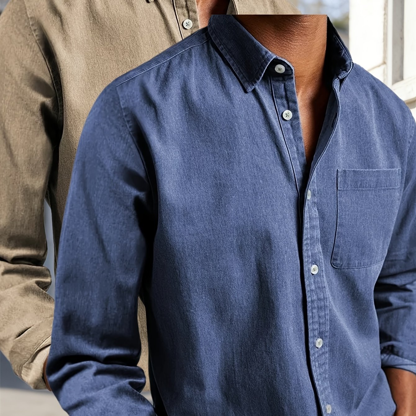 TEMU 2-pc Men's Dress Shirts Long Sleeve Button- Shirt Business Formal Casual Solid Shirt Regular Fit With Fall Fashion Denim Look Work Shirts Button